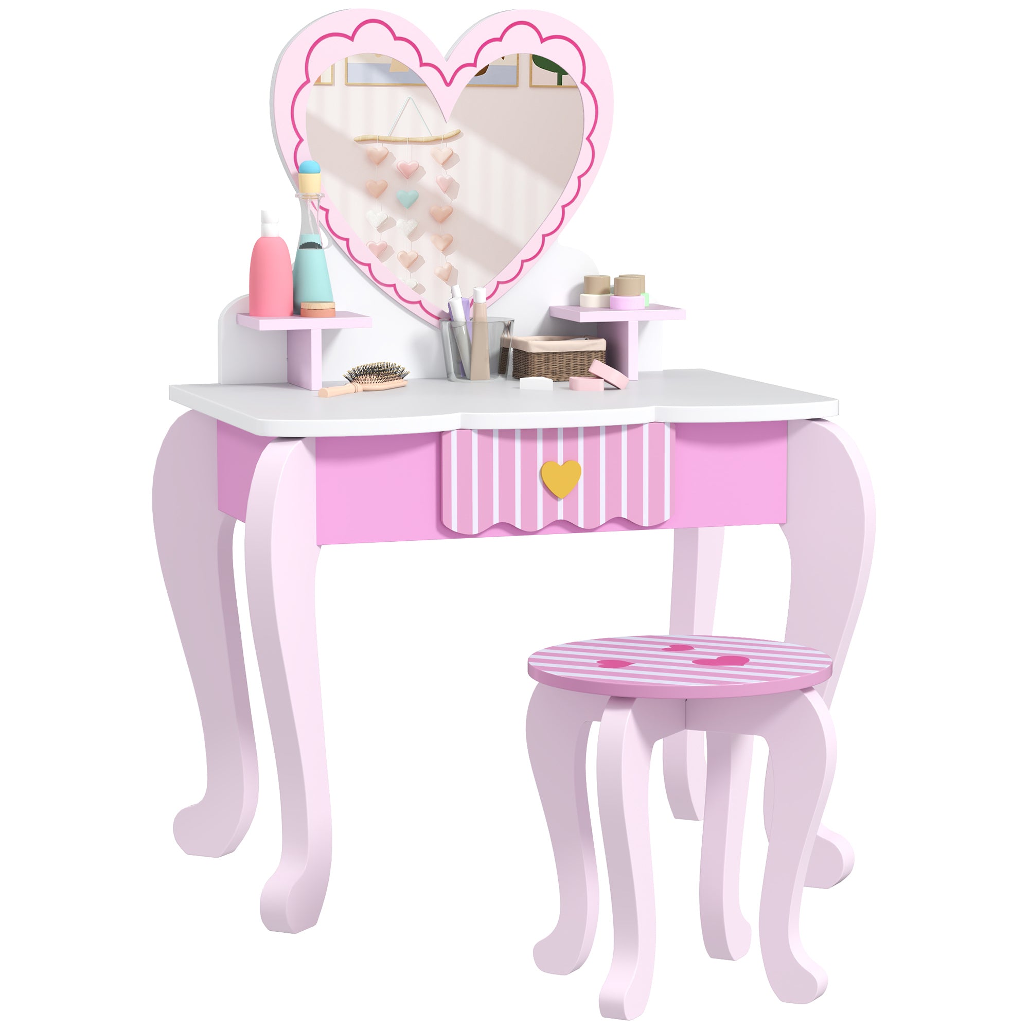 2 Piece Kids Dressing Table Set with Mirror and Storage Drawer Pink