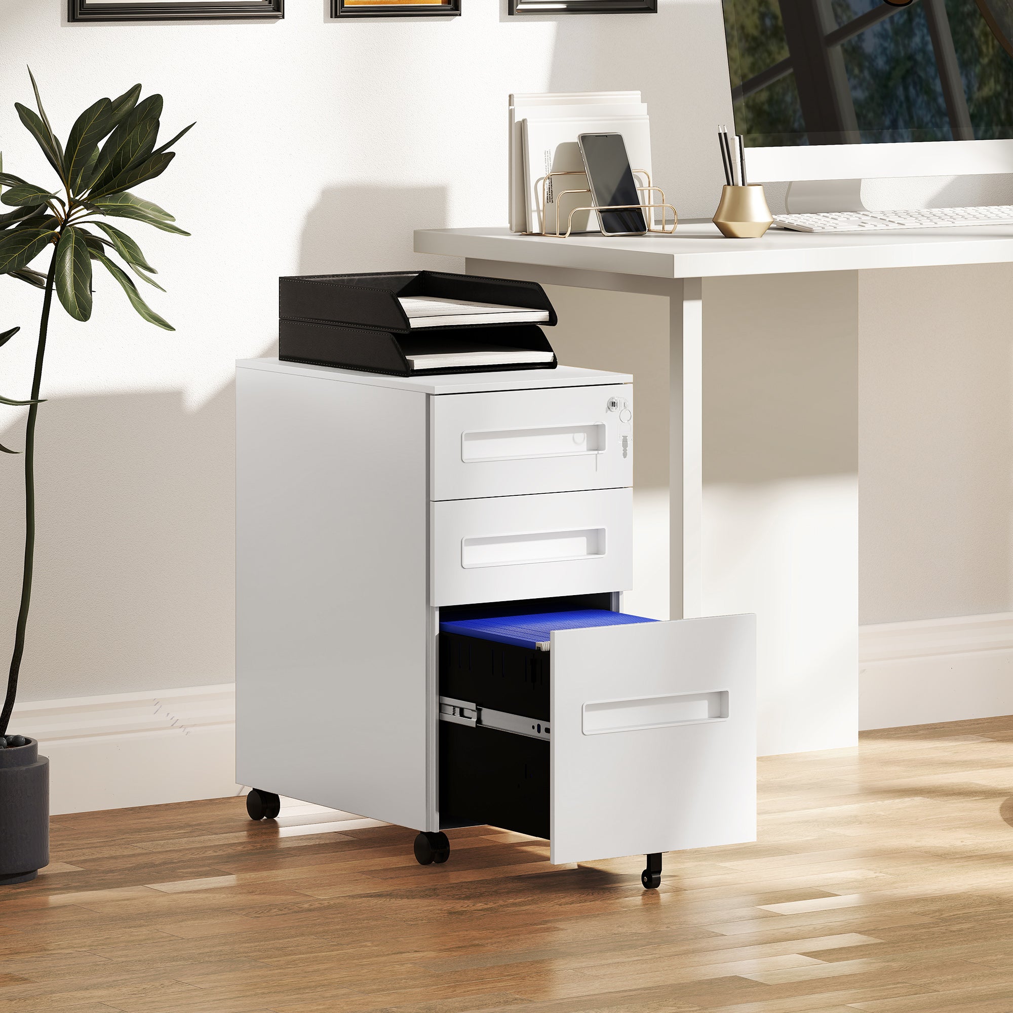 Lockable Metal Mobile 3-Drawer File Cabinet with Wheels for A4, Legal, Letter - White