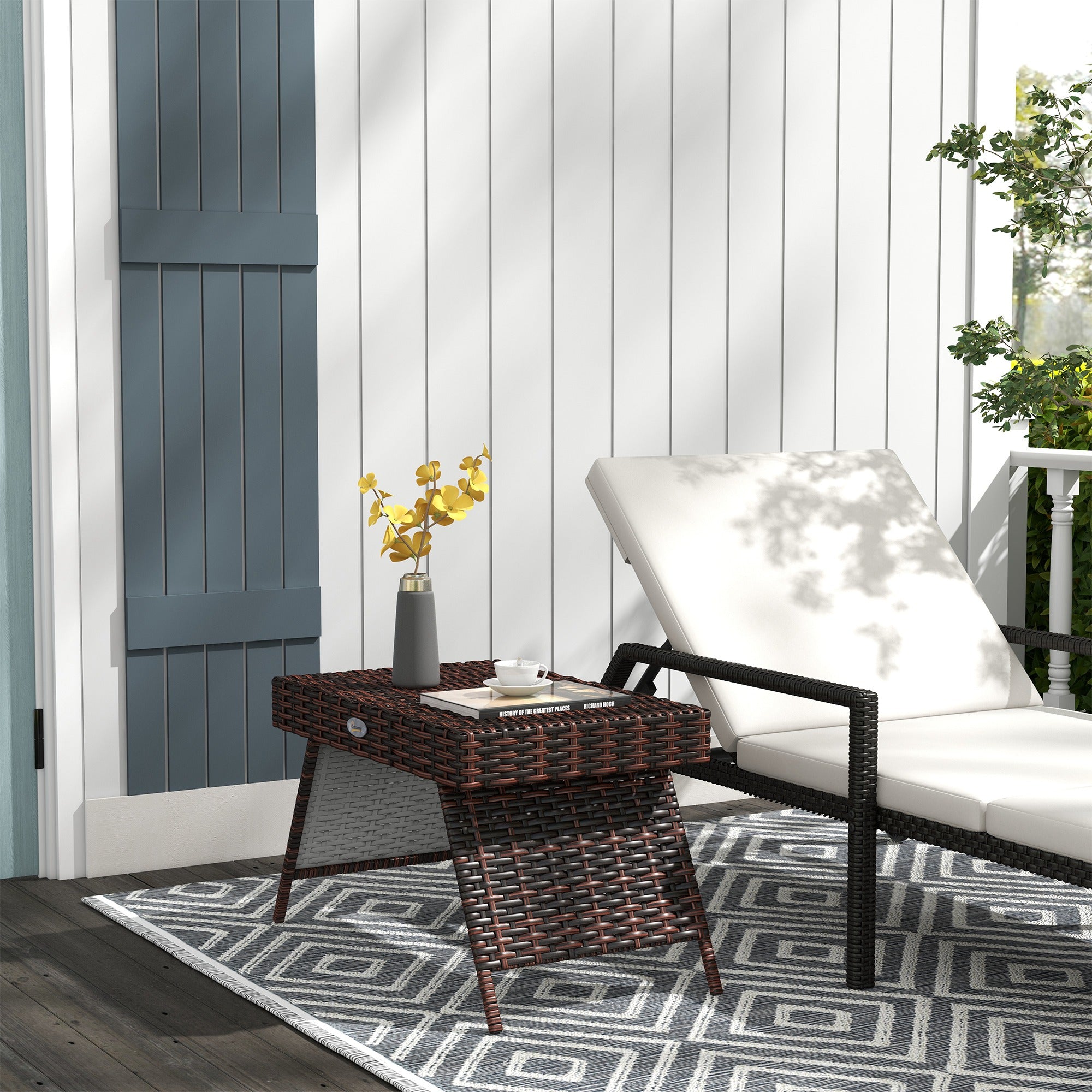 Foldable Oblong Rattan Outdoor Side Table with Steel Frame - Brown