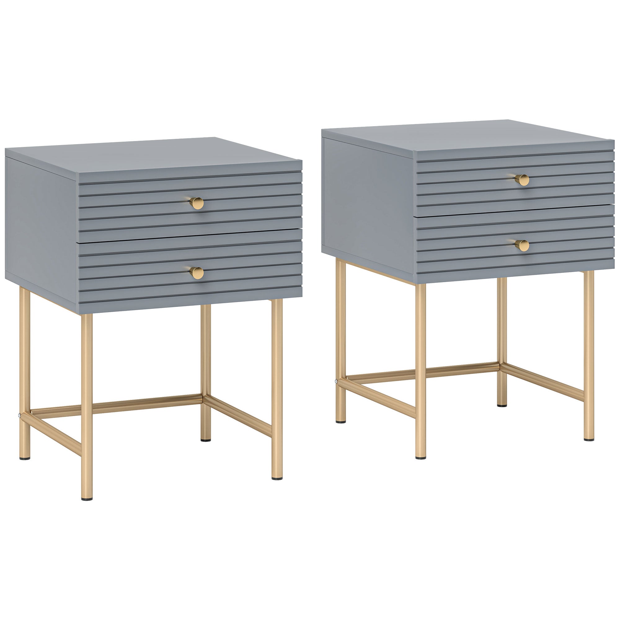 Set of Two Elegant Bedside Tables with Drawers - Grey/Gold-Tone