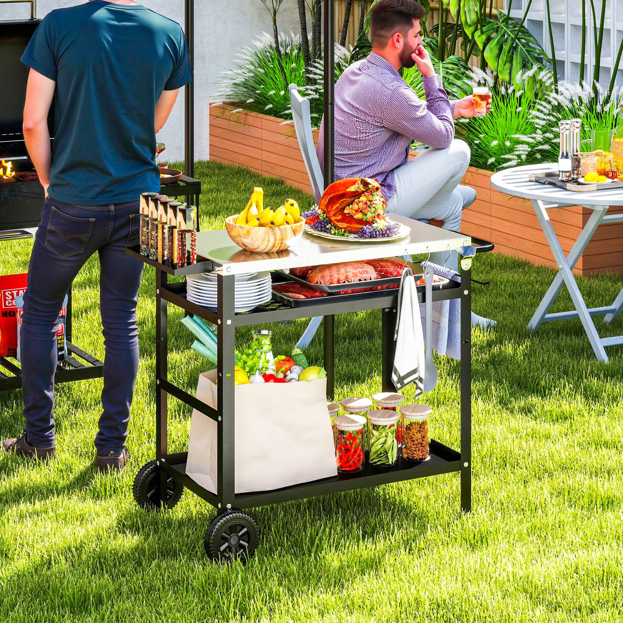 BBQ Trolley with Stainless Steel Top, Adjustable Shelf, Hooks & Towel Rack Outdoor Grill Cart with Cover - Black