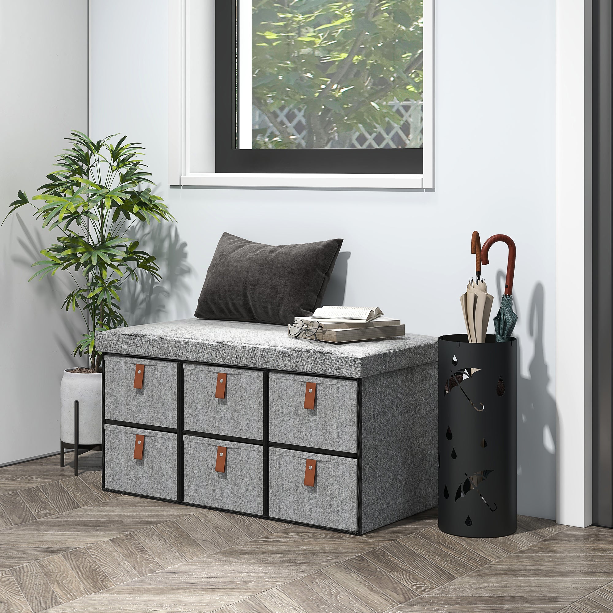 Shoe Storage Bench with Cushion and 6 Fabric Drawers for Entryway, Hallway, Bedroom - Light Grey