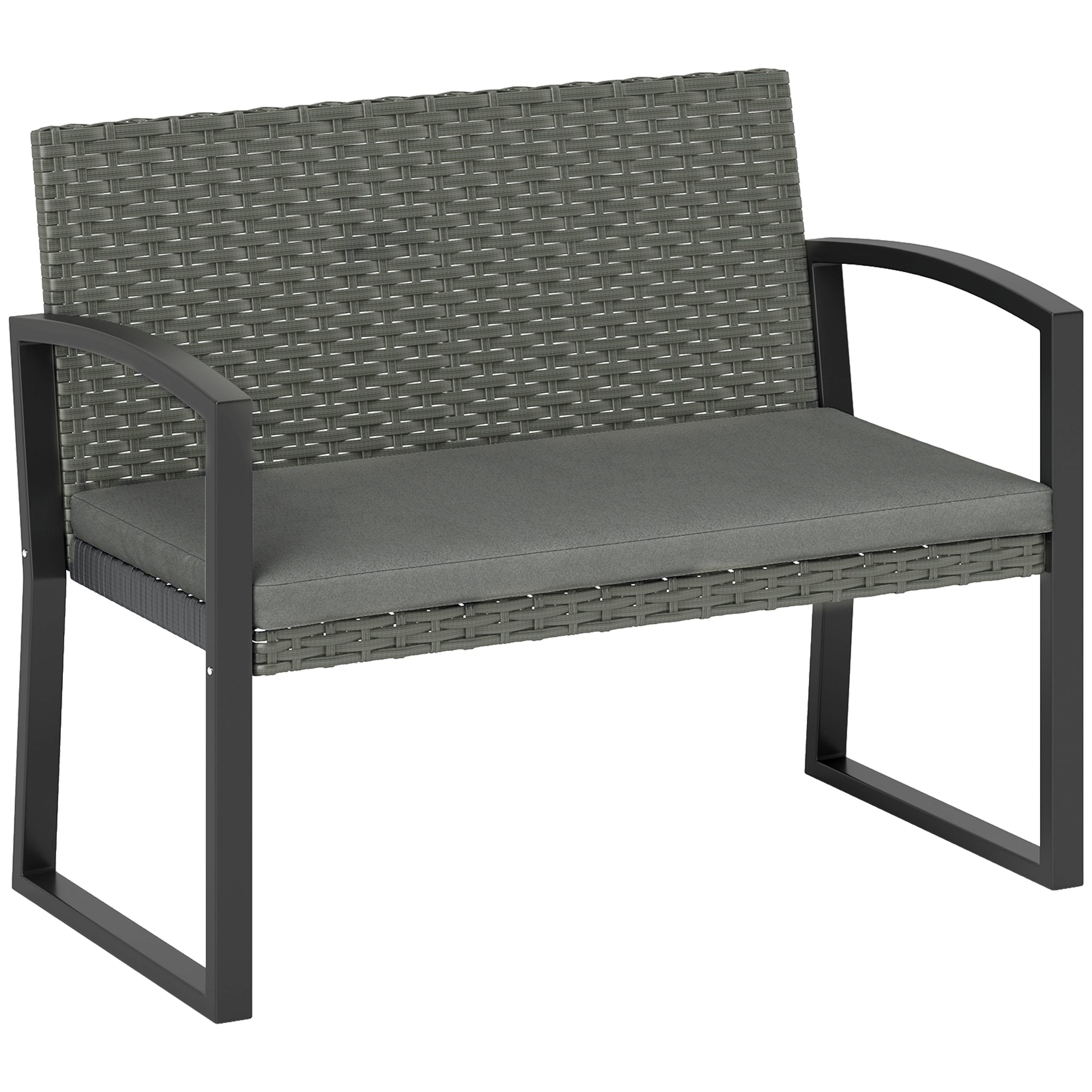 Two-Seater Rattan Garden Bench with Cushion - Grey/Black