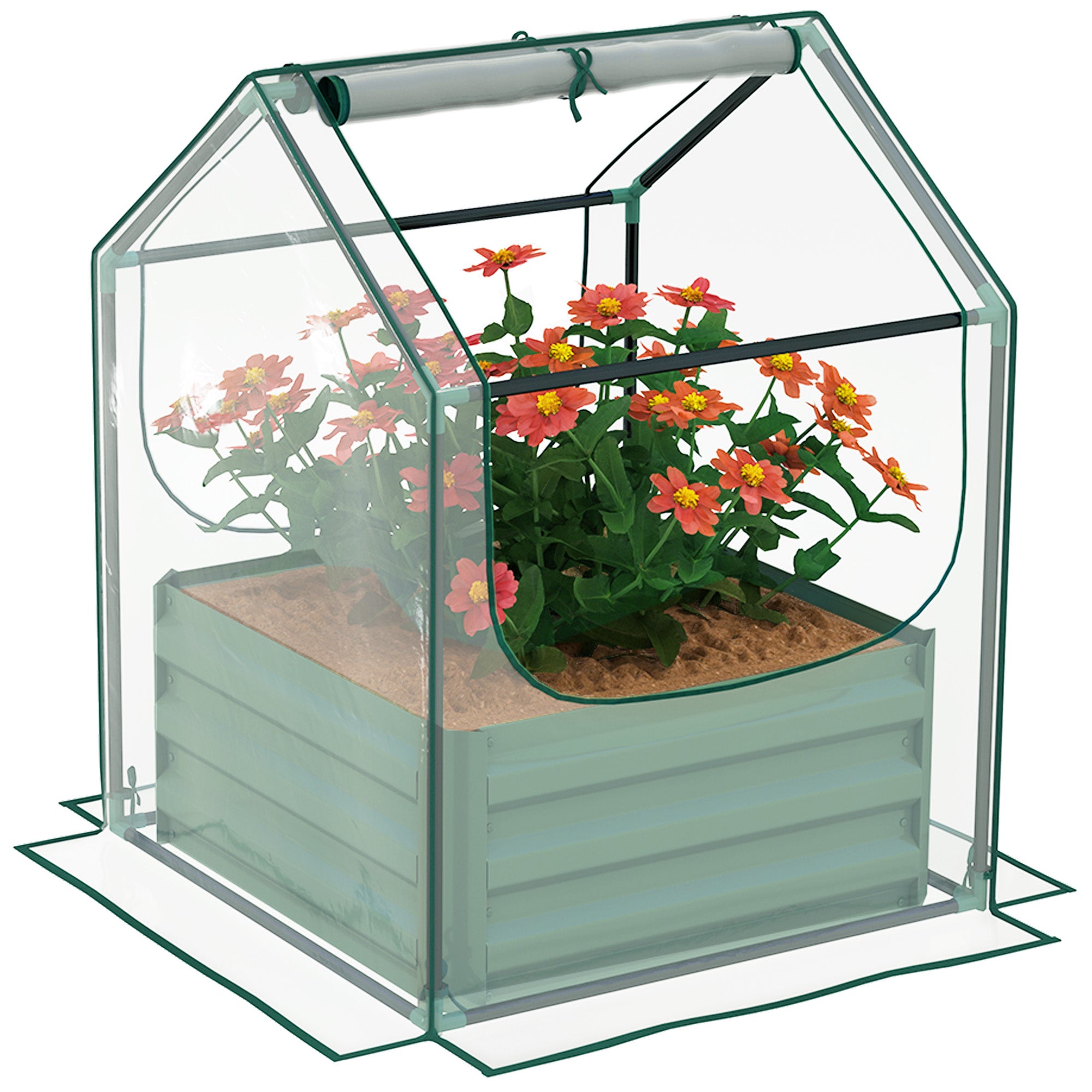61 x 61cm Garden Planter Bed with Mini Greenhouse Cover - Green