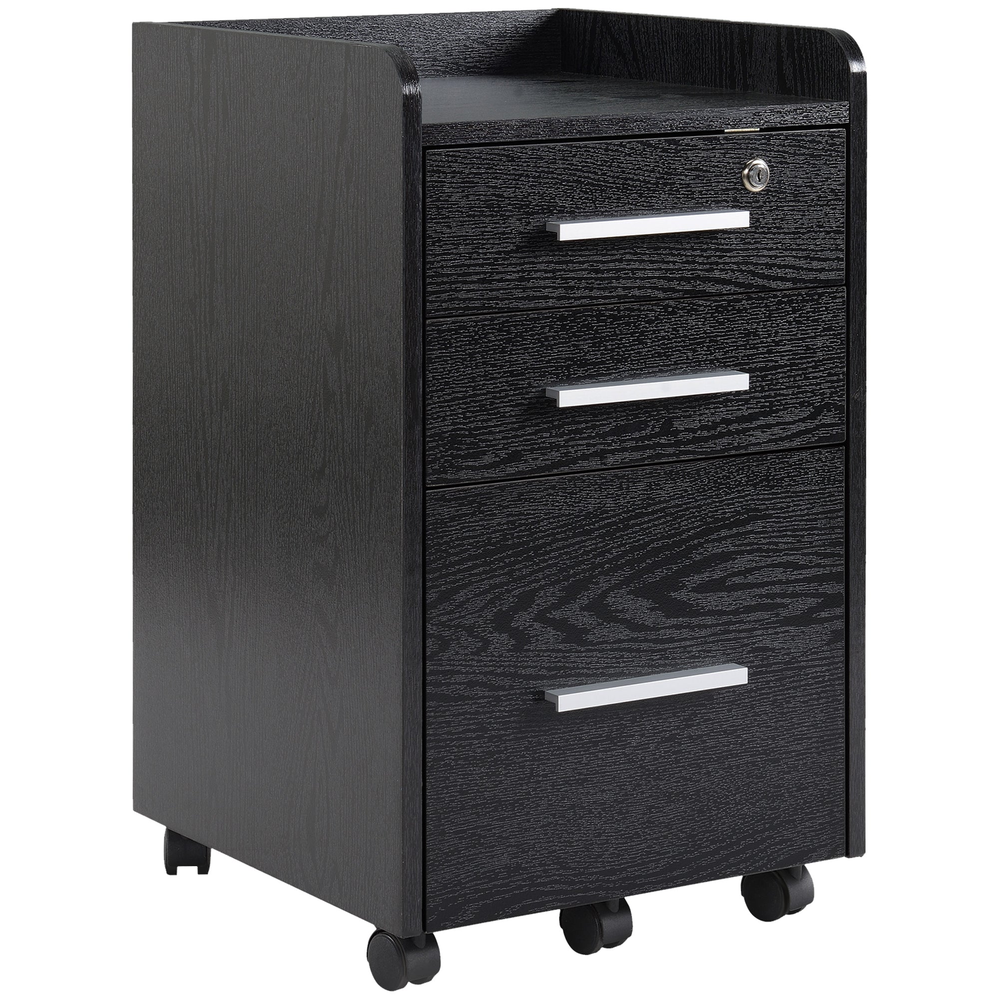 Three-Drawer Lockable Filing Cabinet with Wheels and Wood-Effect Finish - Black