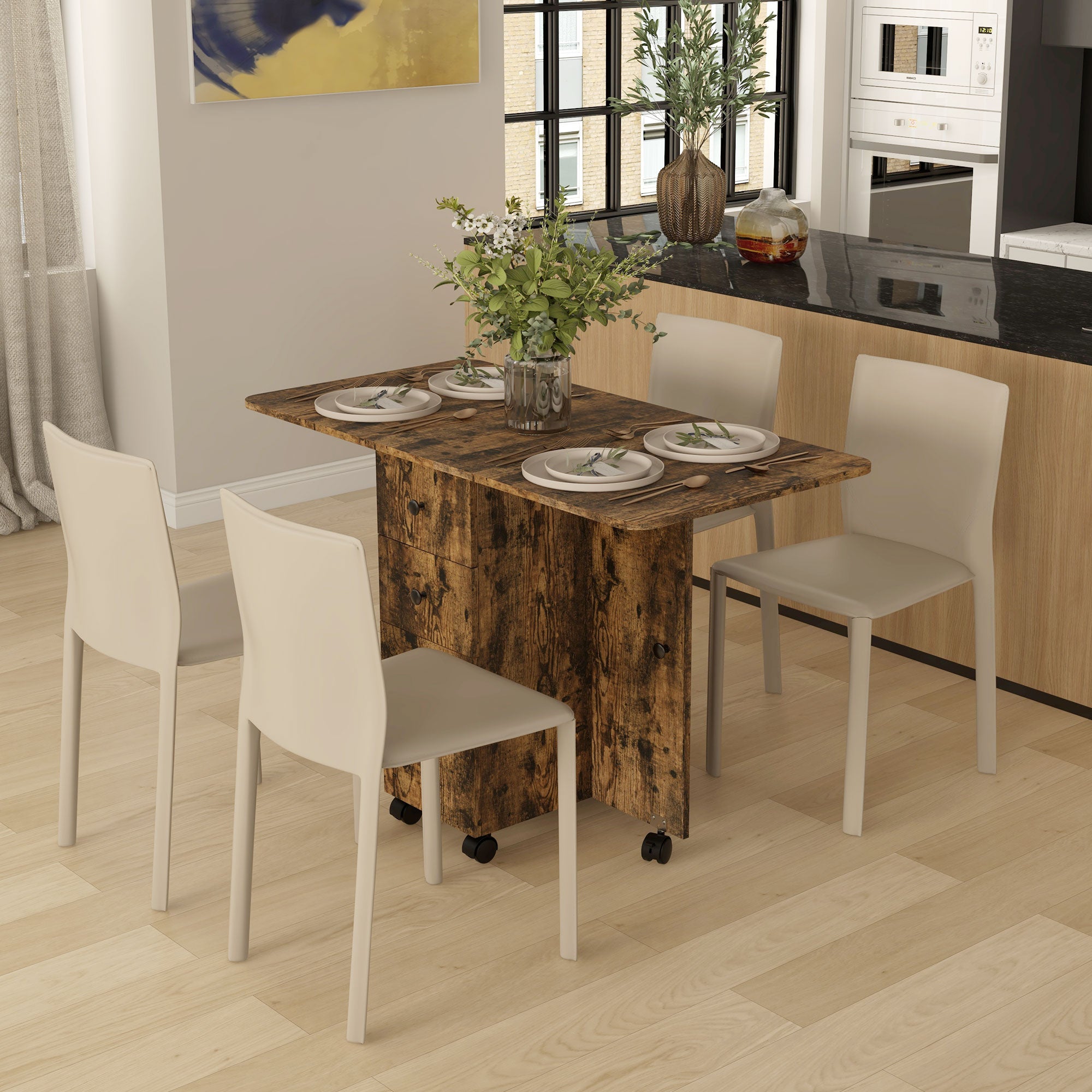 Multi-Storage Six-Person Drop Leaf Dining Table with Wheels - Rustic Brown