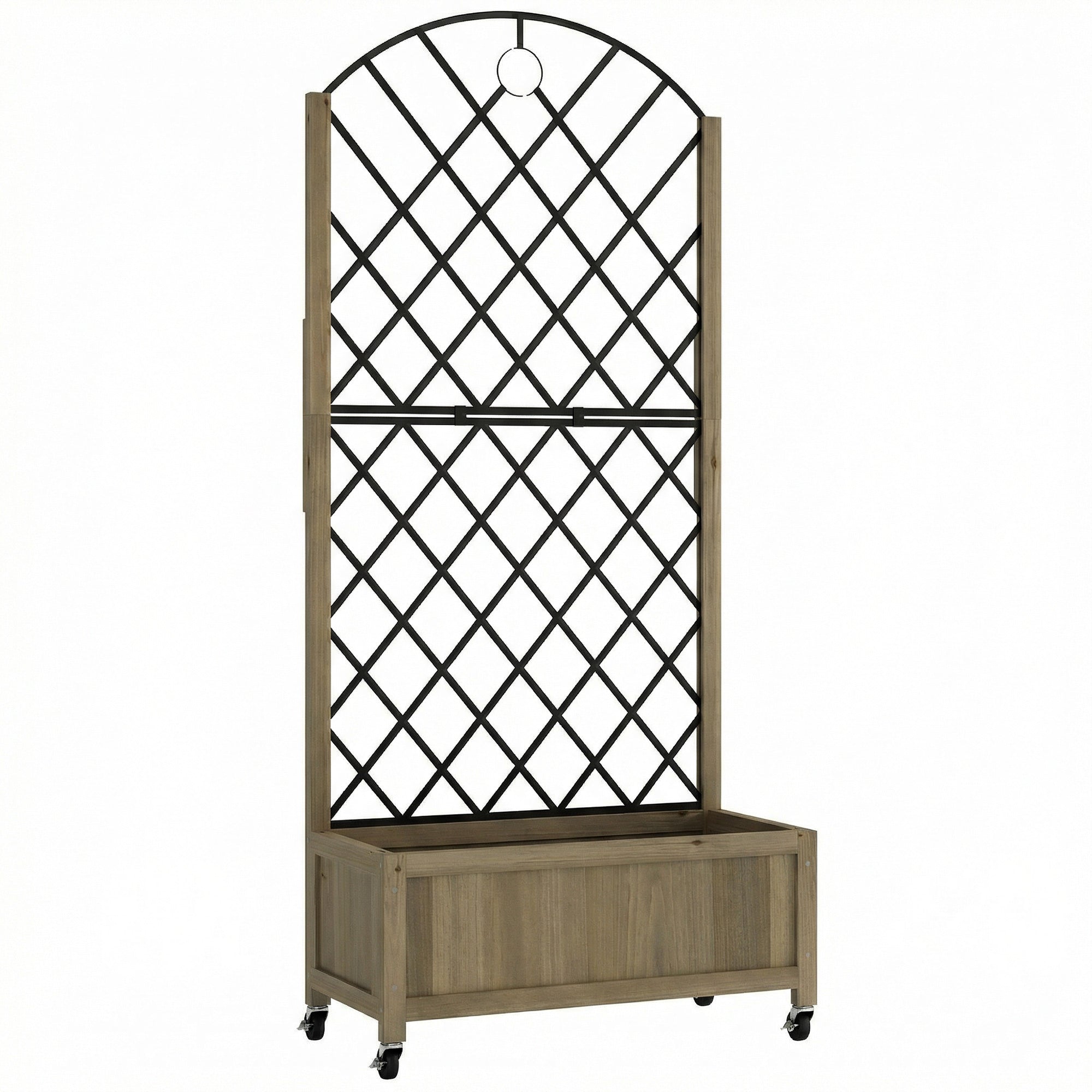 Raised Garden Bed with Metal Trellis, Wooden Elevated Planter Box w/Lockable Wheels, Outdoor Raised Planter, Carbonised