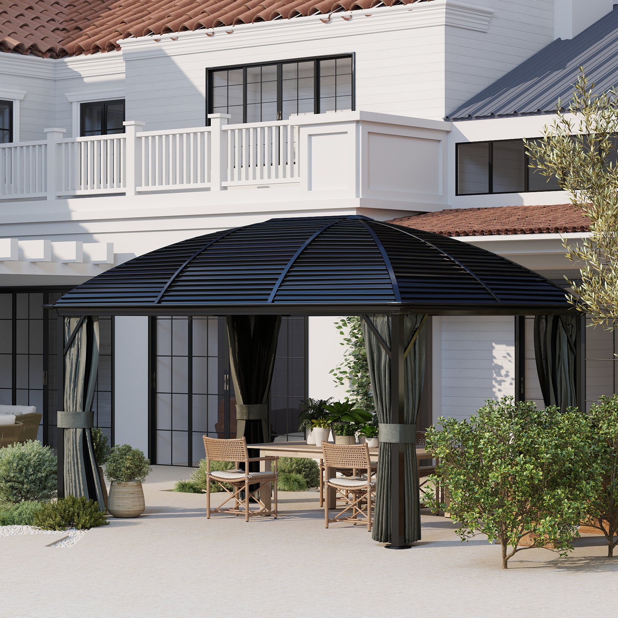 3 x 4m Hardtop Gazebo with Metal Roof, Netting & Curtains Aluminium Pavilion - Dark Grey