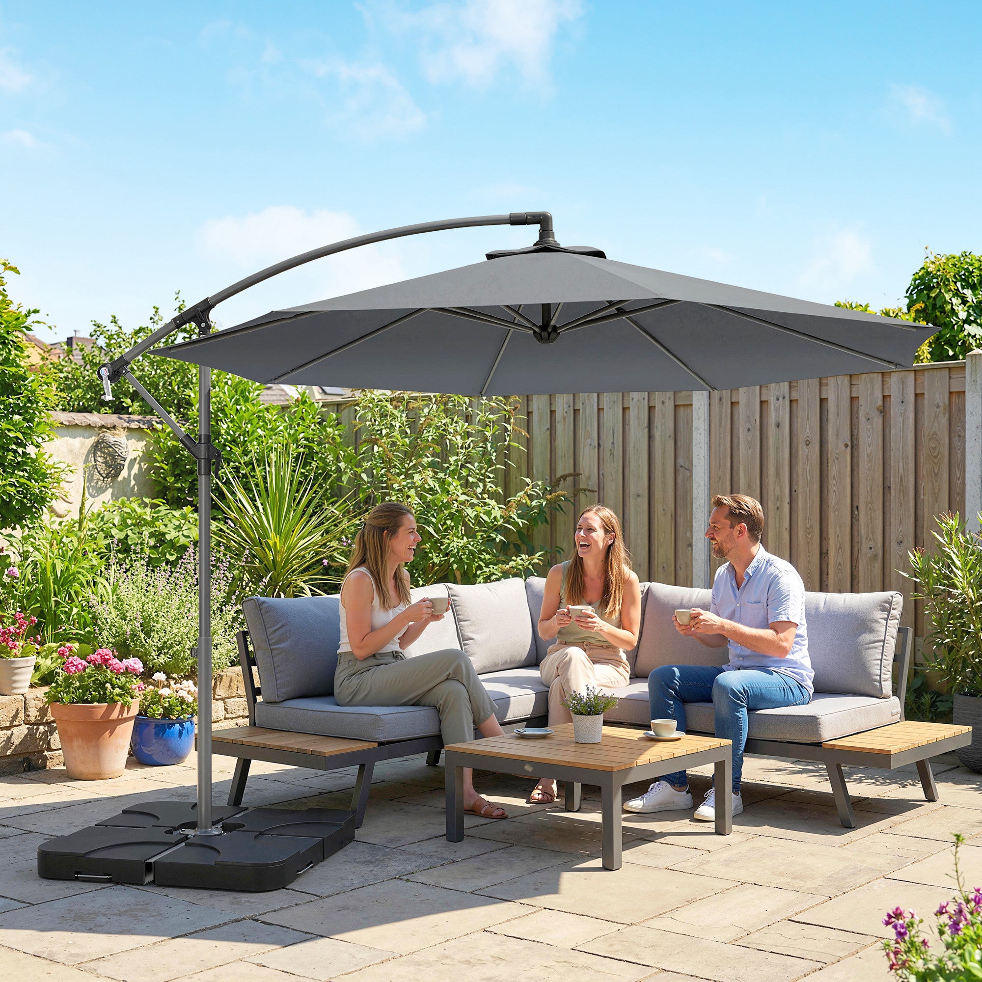 3m Overhanging Parasol, with Base, Weights and Cover - Dark Grey