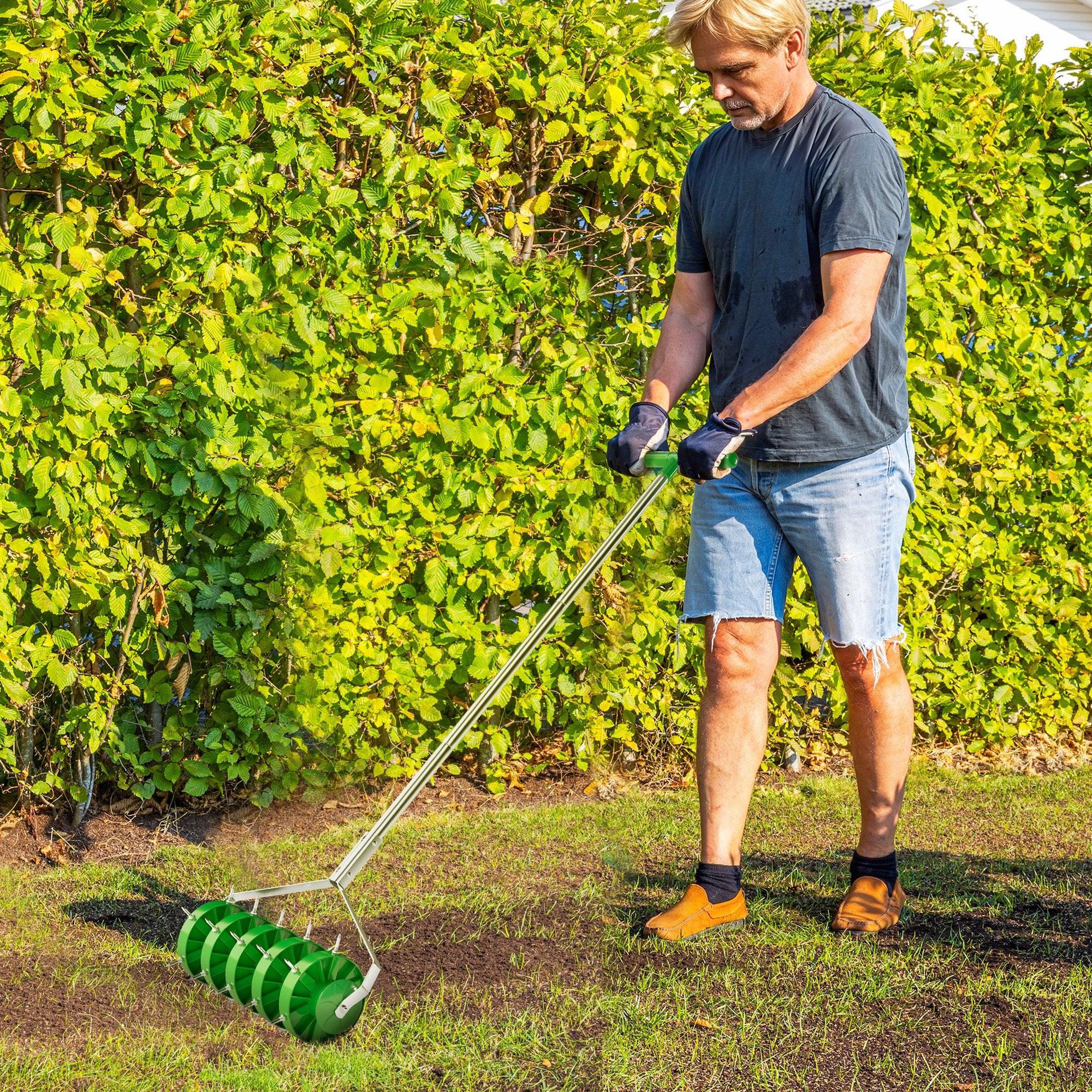 Manual Lawn Aerator Roller with Detachable Handle - Dark Green