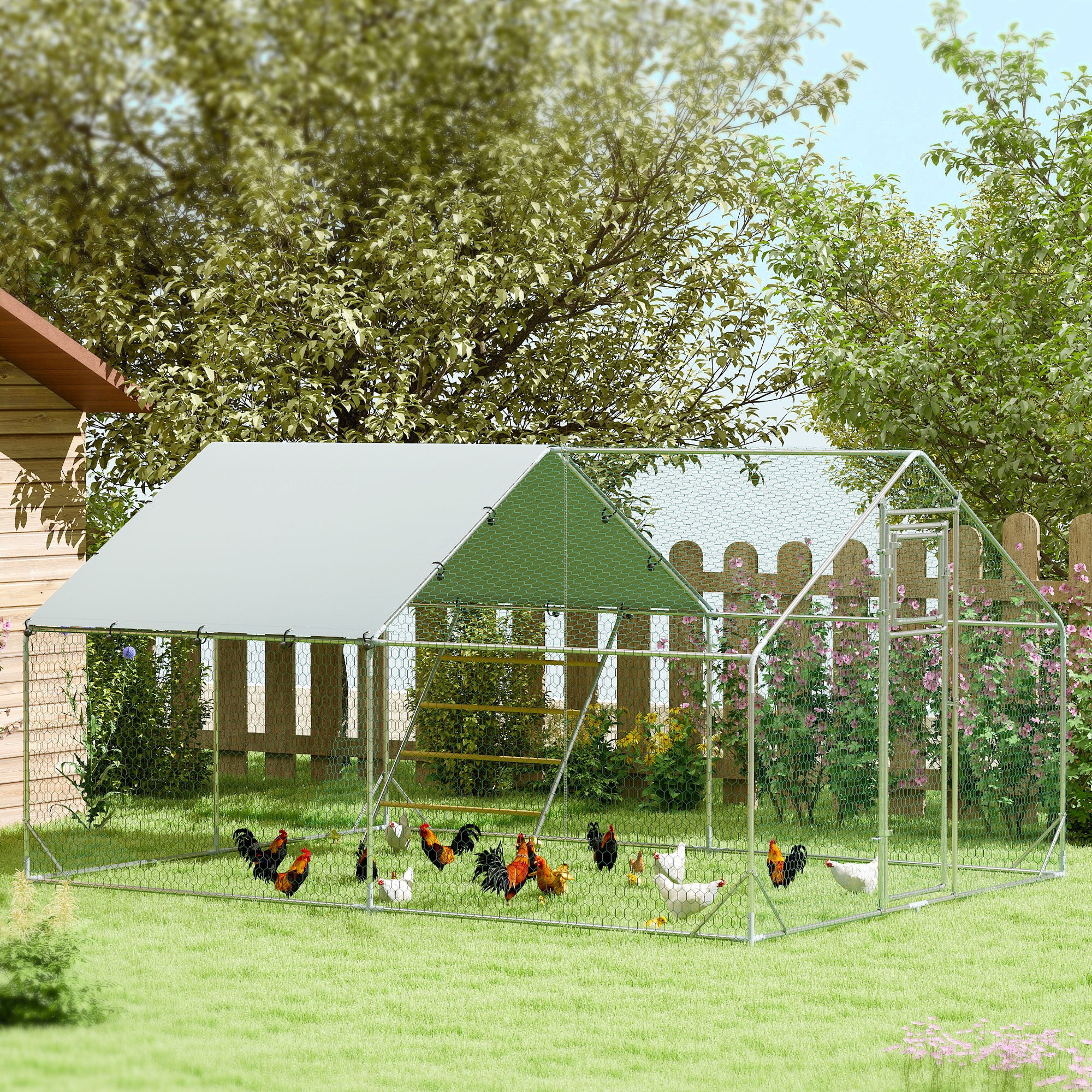 Walk in Chicken Run w/ Cover, Feeding Door, Hanging Feeder, Perch, for 12-18 Poultry