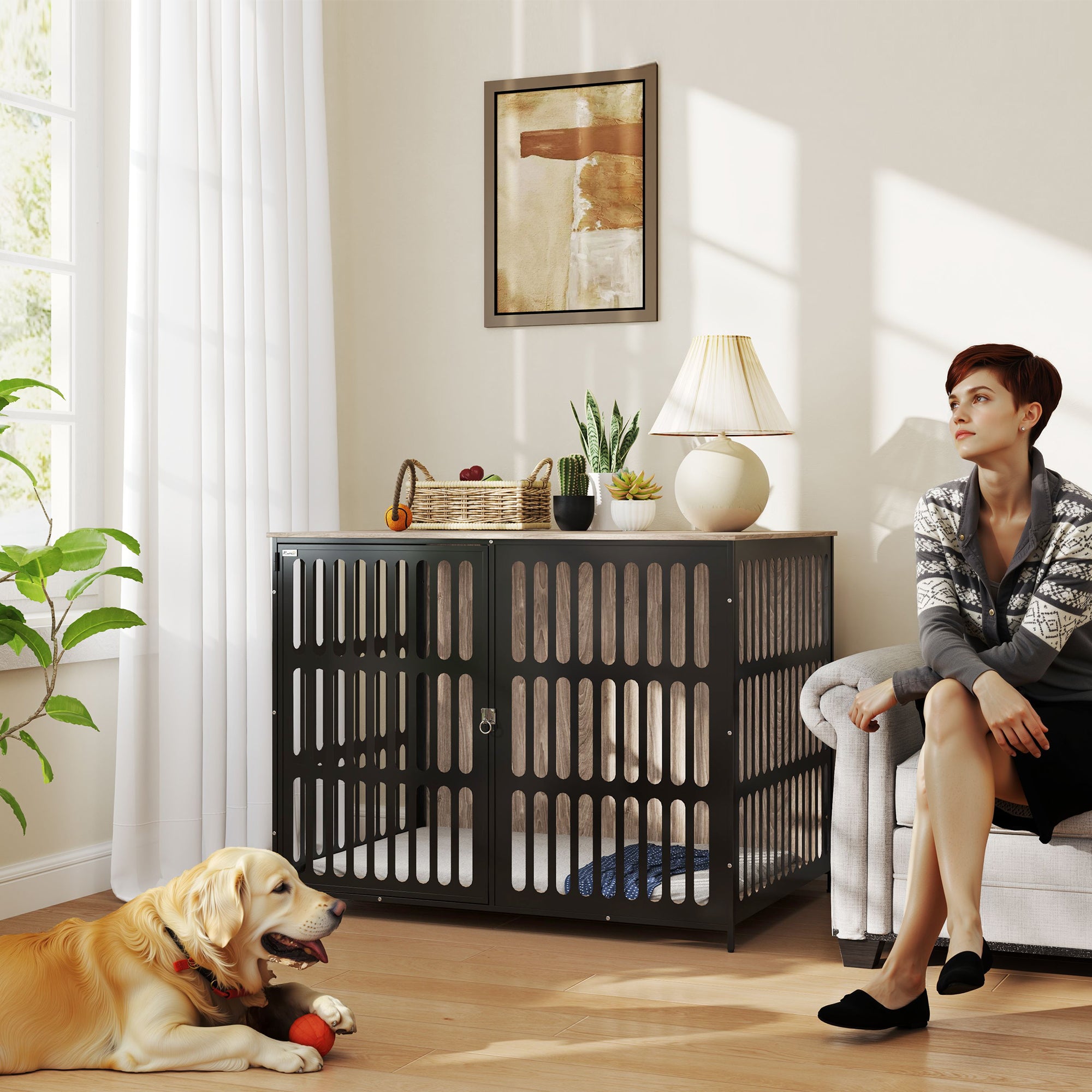 Extra Large Dog Crate Furniture with Anti-Chew Mesh & Anti-Escape Door, 118x80x92 cm - Walnut Brown