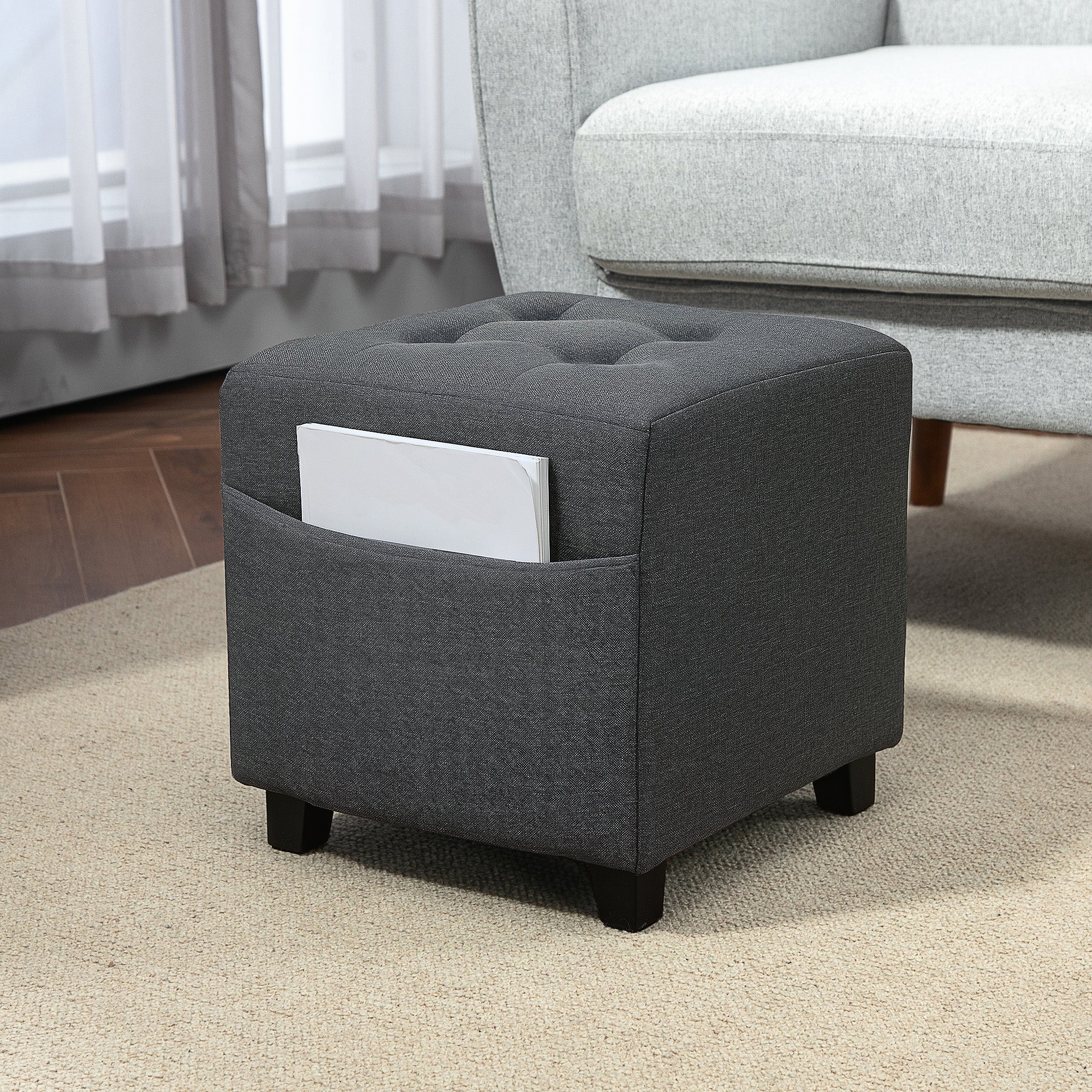 Square Small Ottoman Footstool with Side Pocket, Padded Linen Seat, Rubber Wood Legs, 35x35x35cm - Grey