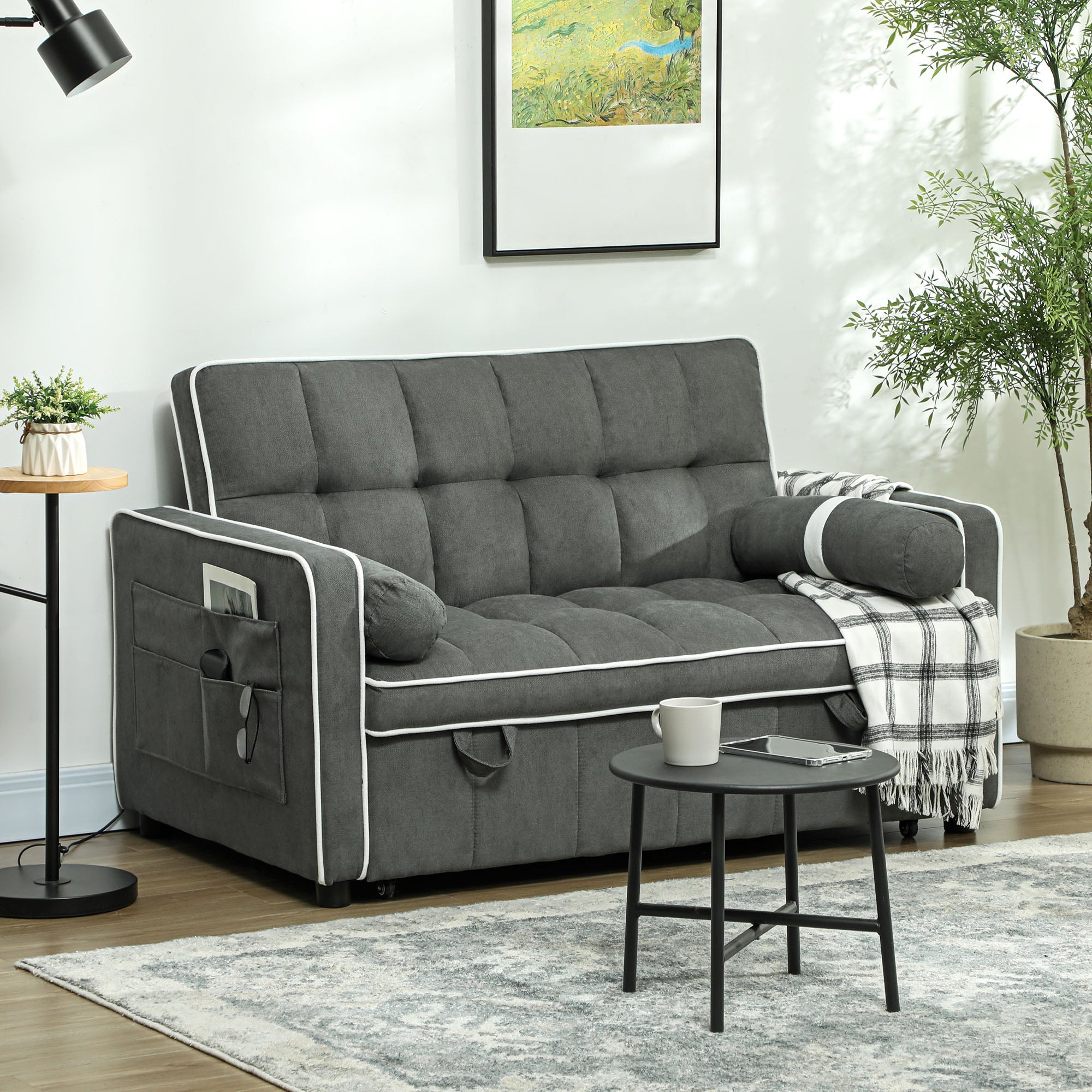 Two-Seater Linen-Look Sofa Bed with Recliner and Storage Pockets - Charcoal Grey