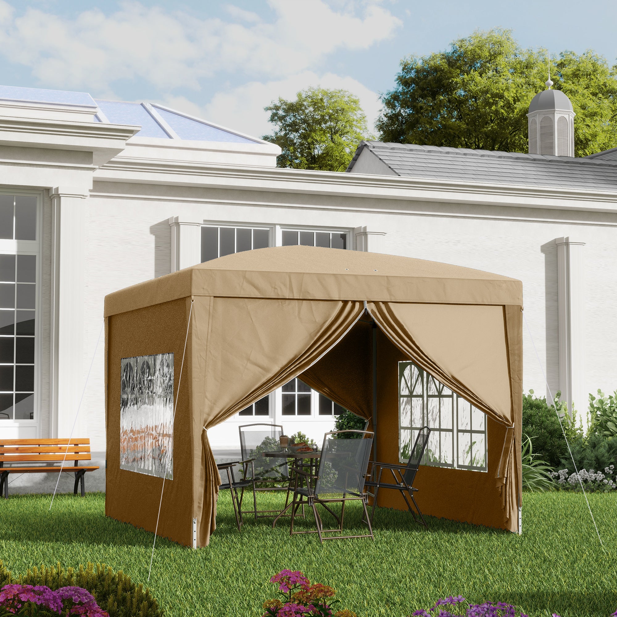 3x3 Metre Pop Up Gazebo with Removable Walls - Khaki
