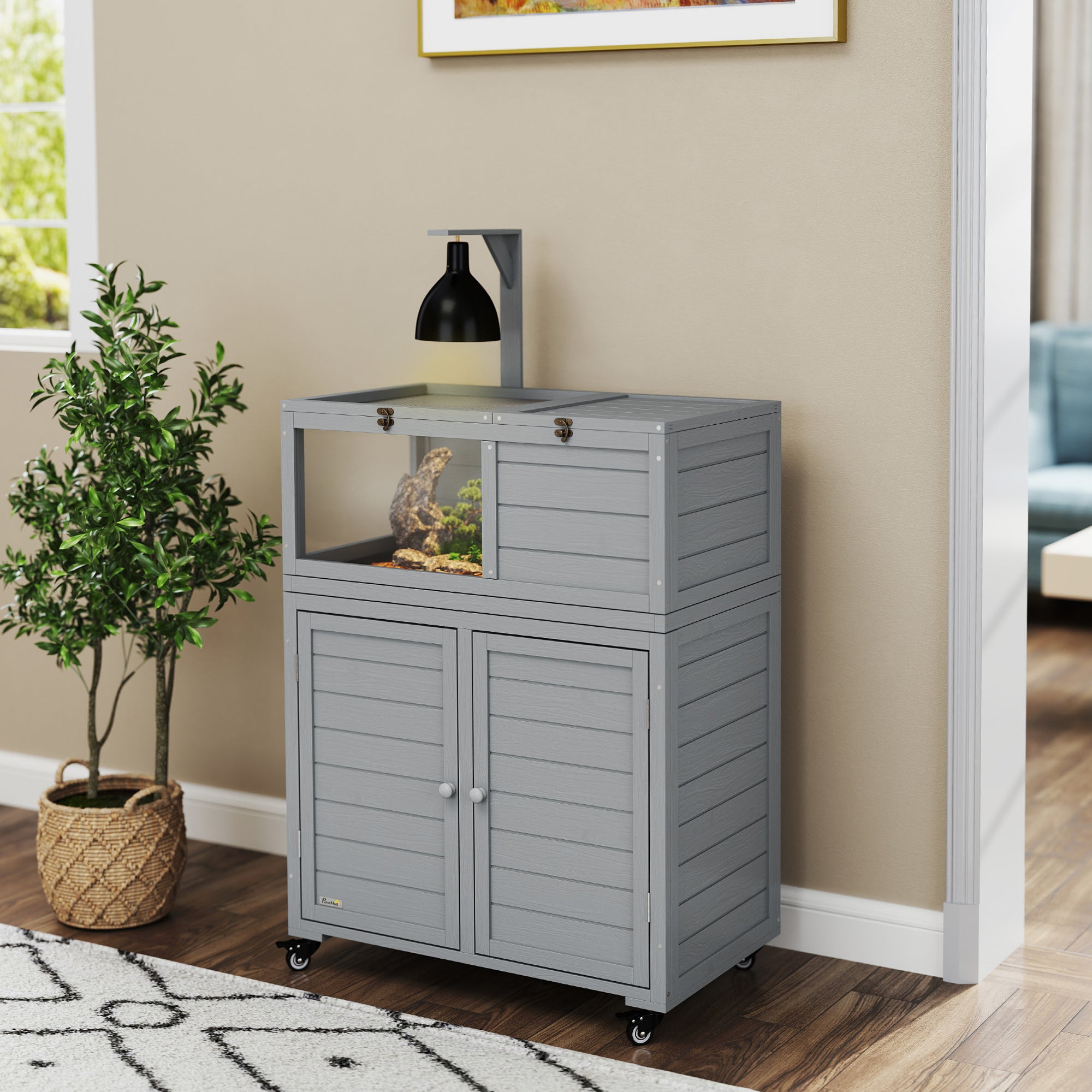 Wooden Tortoise House with Storage Cabinet, Openable Top, Lamp Holder, Transparent Observation Windows, Light Grey