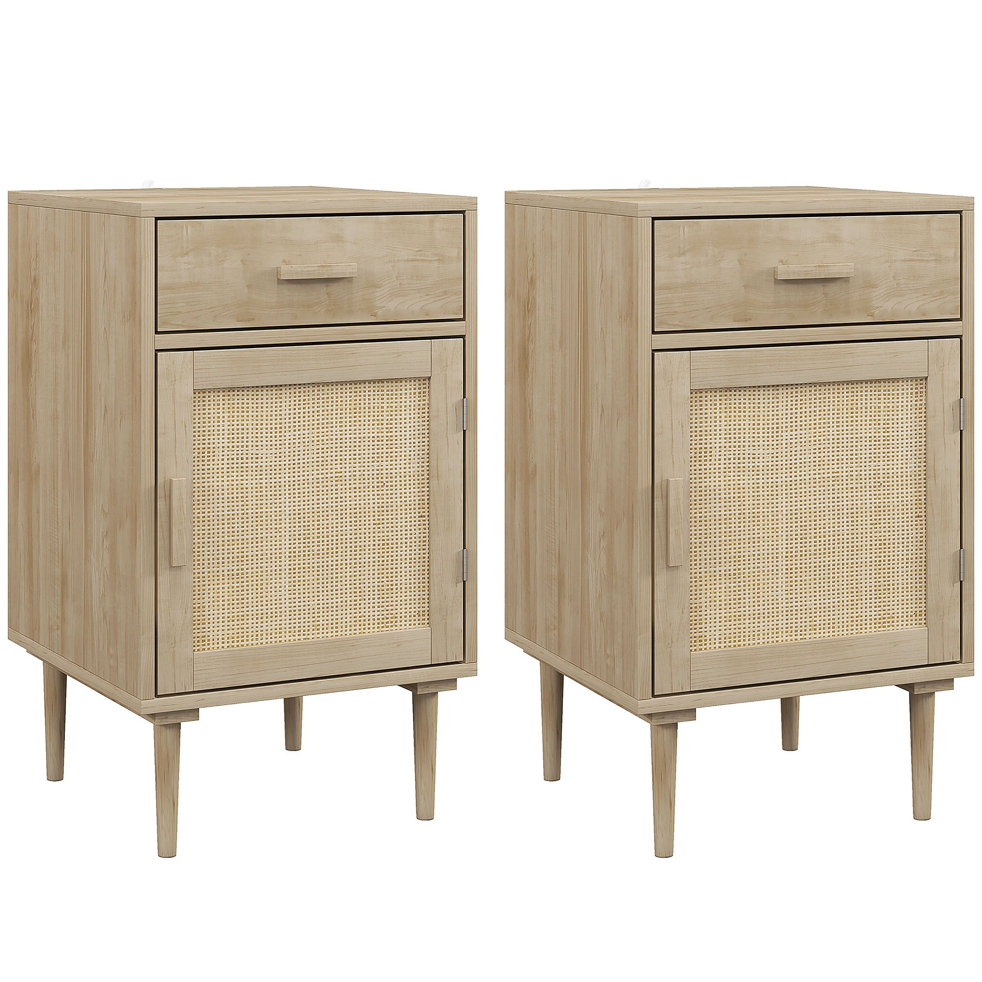 Bedside Tables Set of 2, Rattan Side Tables with Drawer, Cabinet and Adjustable Shelf, Boho Bedside Cabinets with Storage for Bedroom, Living Room, Natural Wood Finish