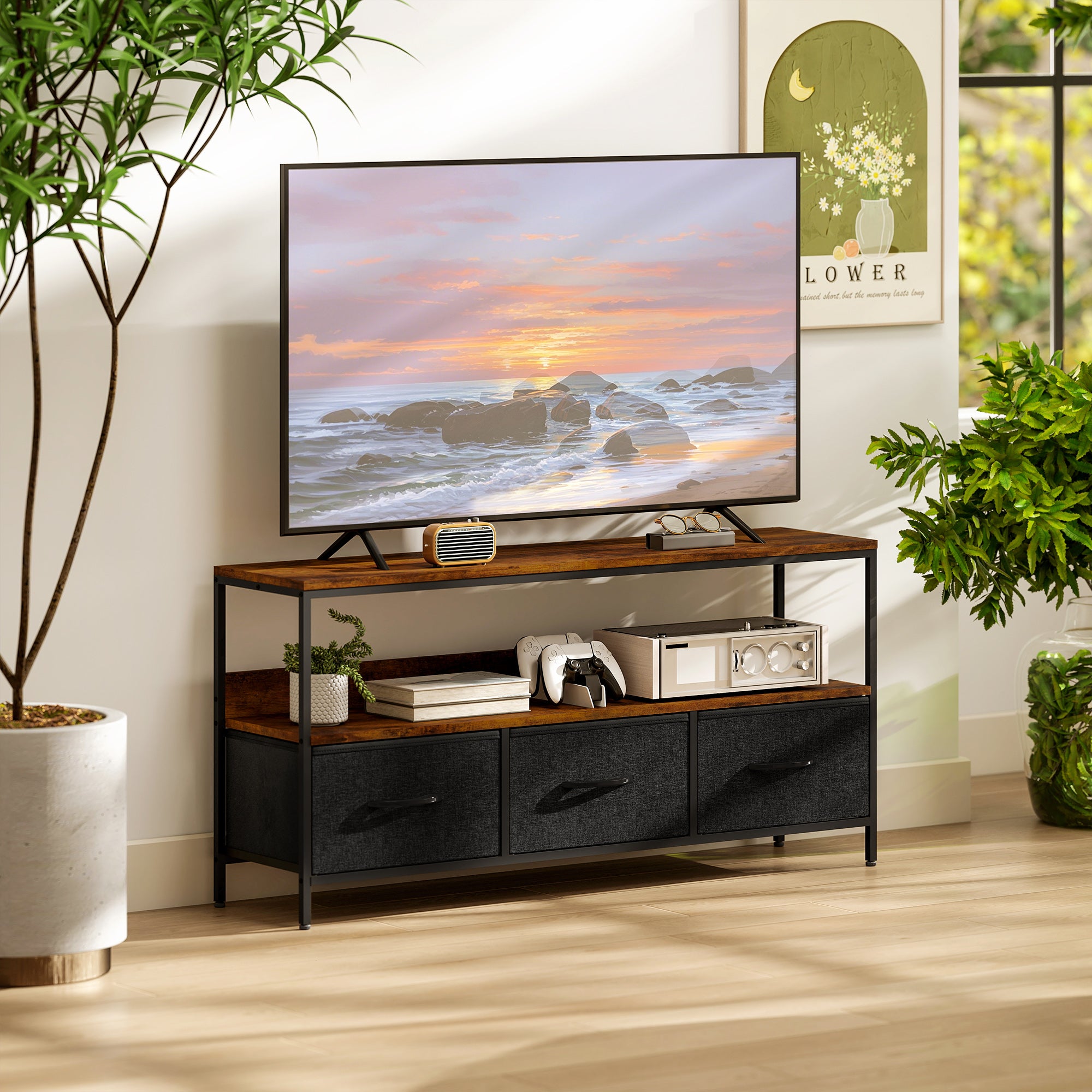 TV Stand Cabinet with 3 Foldable Drawers - Rustic Brown