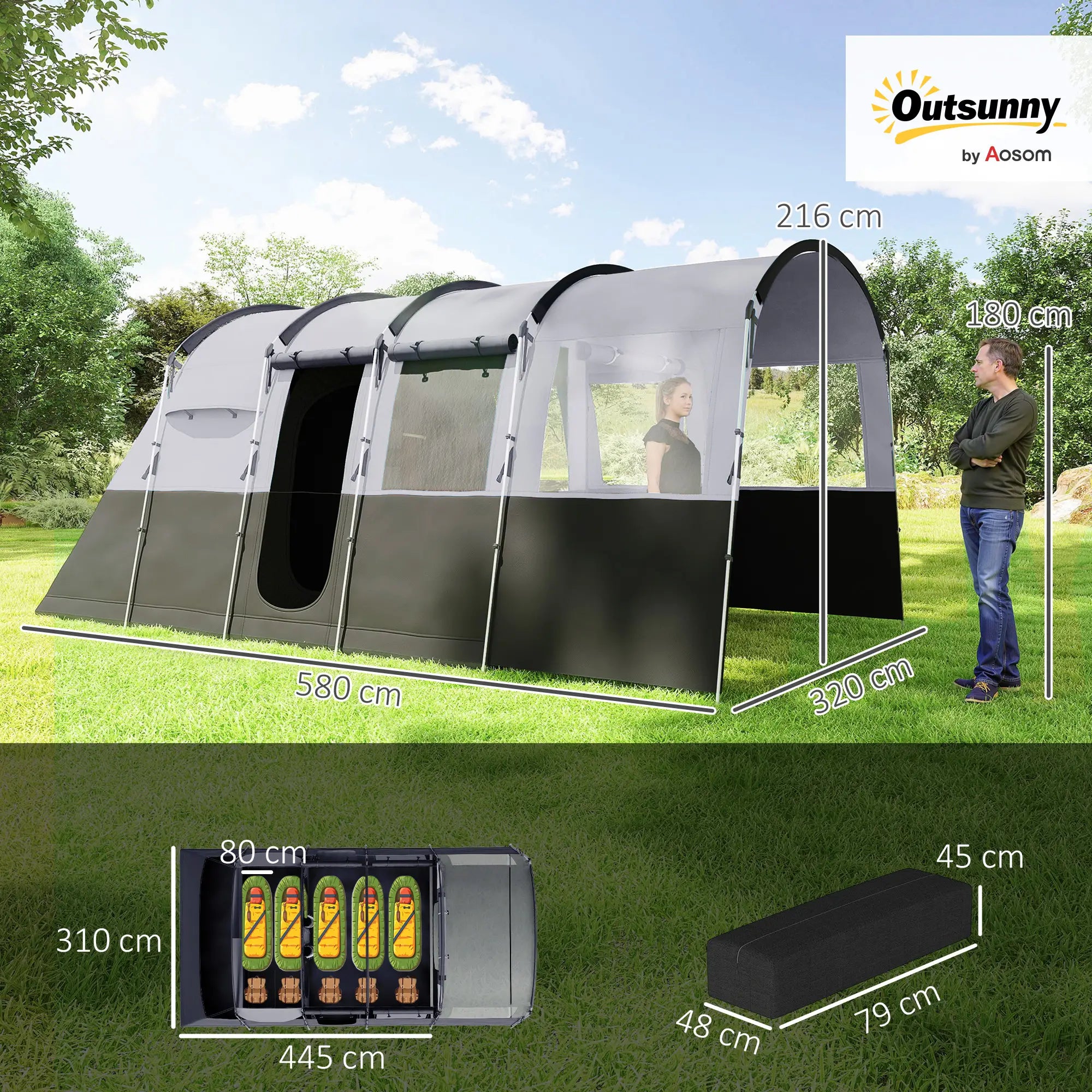 8 Person Waterproof Tunnel Camping Tent with 4 Large Windows Grey