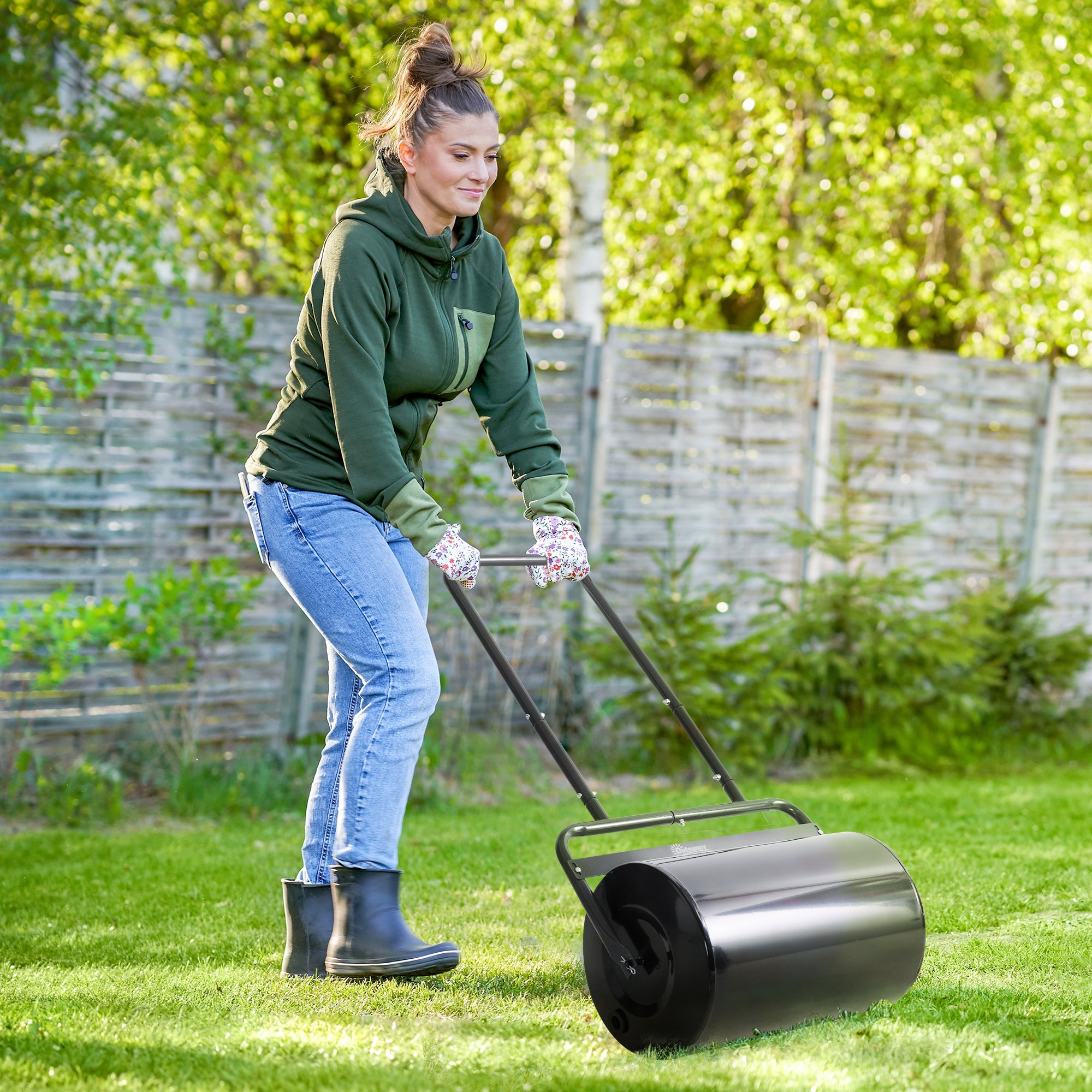 38L Fillable Steel Cylinder Lawn Roller with Handle - Black