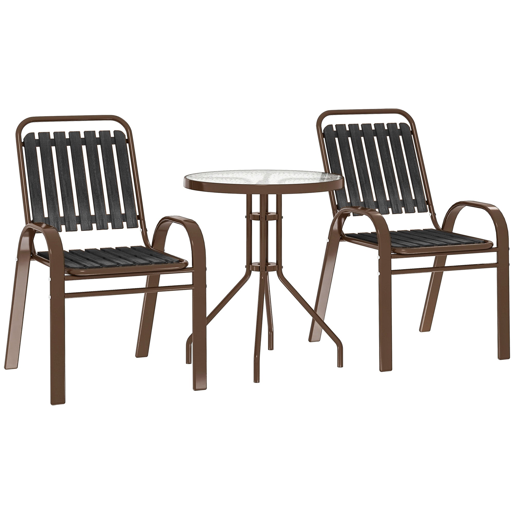 3 Piece Patio Bistro Set with Stackable Chairs and Tempered Glass Table - Charcoal Grey