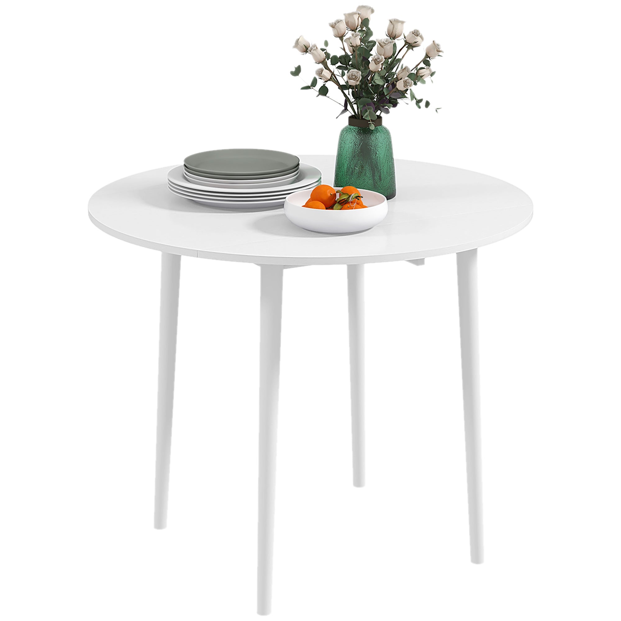 Folding Round Drop Leaf Dining Table for 4 with Wood Legs - White