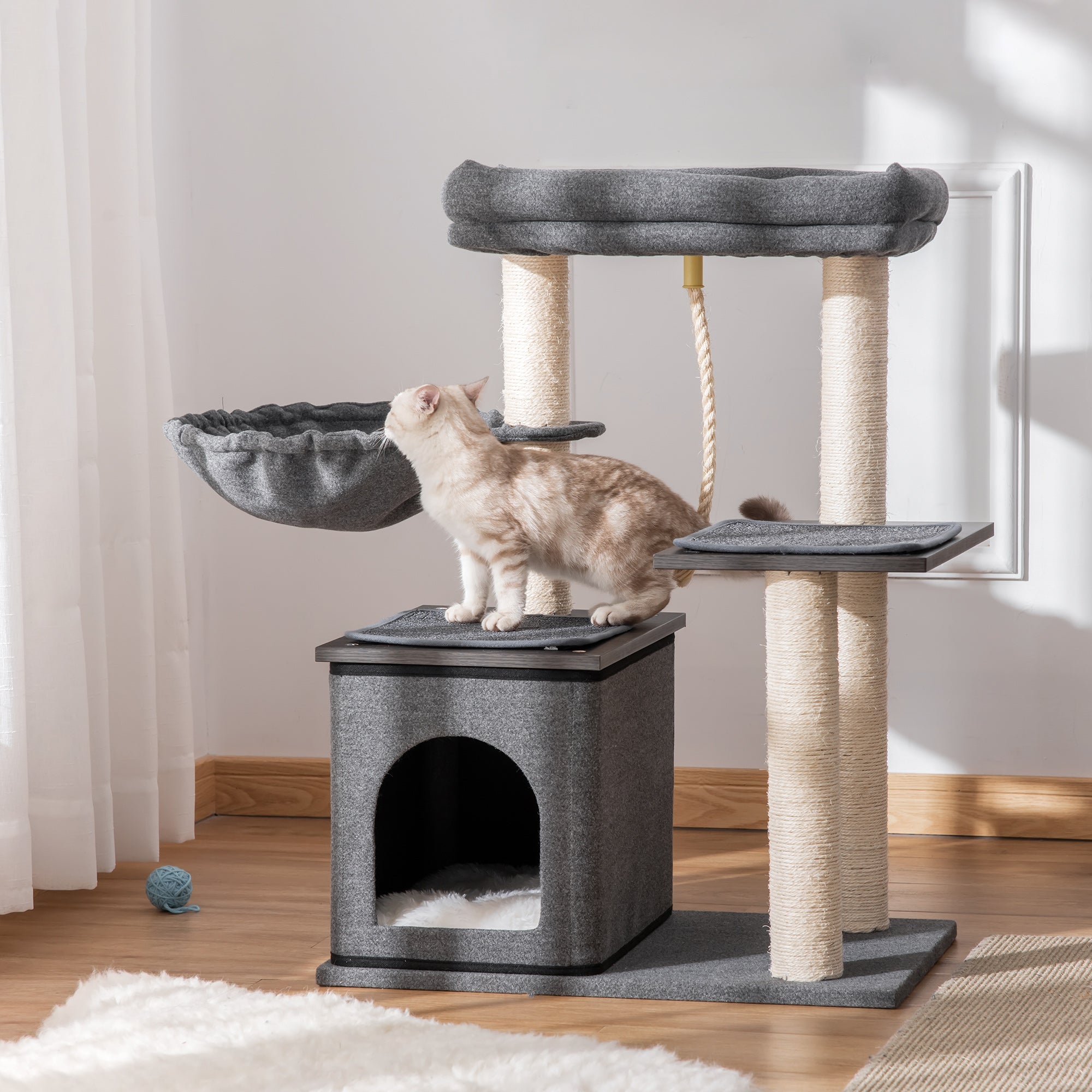 Cat Tree Tower for Indoor Cats Climbing Activity Center Kitten Furniture with Sisal Scratching Post Bed Condo Perch Teasing Rope 60 x 40 x 83cm Dark Grey
