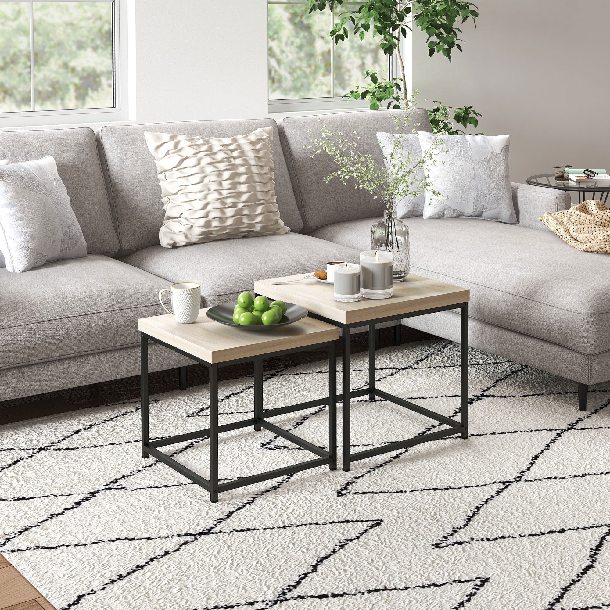 Coffee Table Set of 2, Nest of Tables with 3.5cm Thick Tabletop, Oak