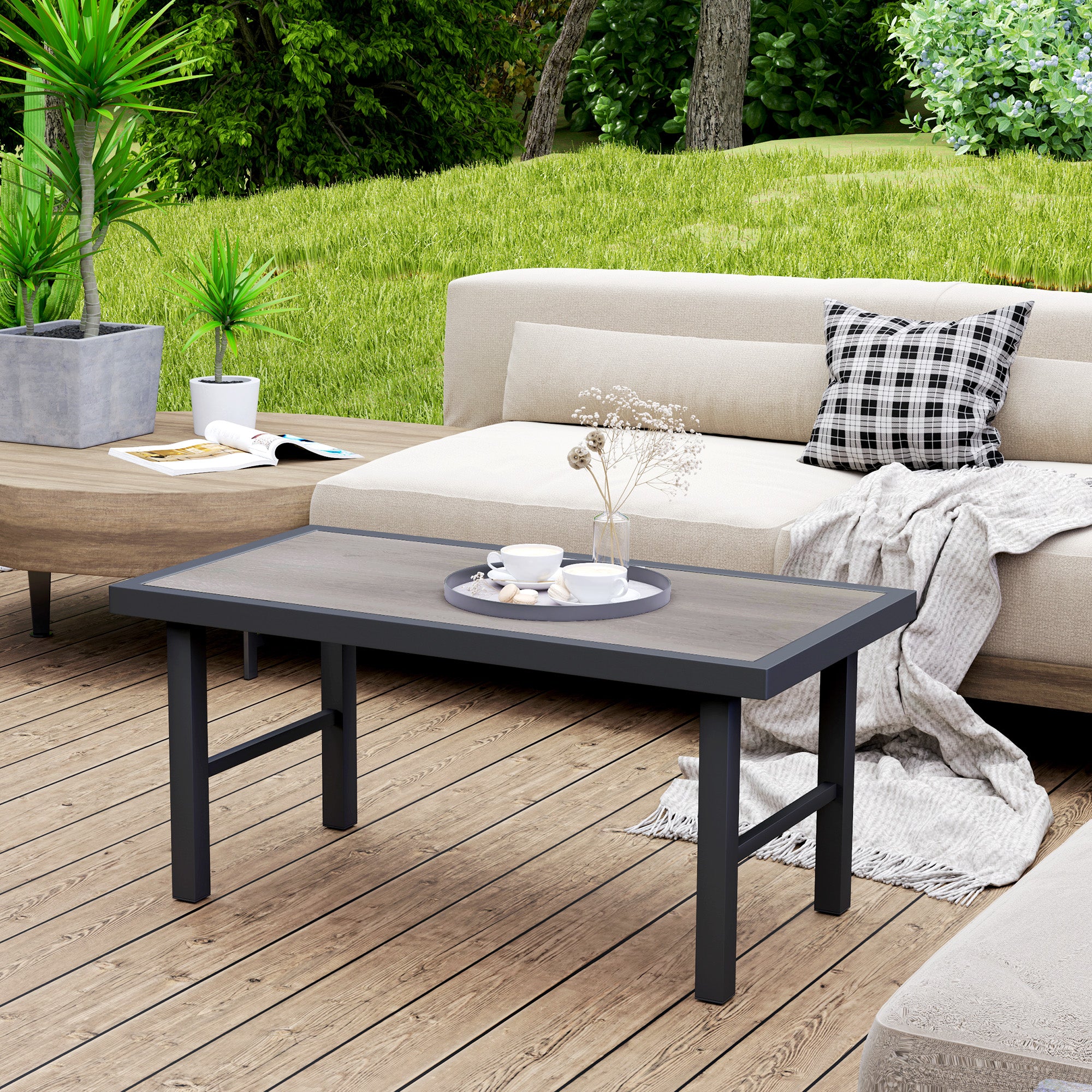 Metal Garden Coffee Table 100x53cm with SPC Woodgrain Top - Grey Wood Effect