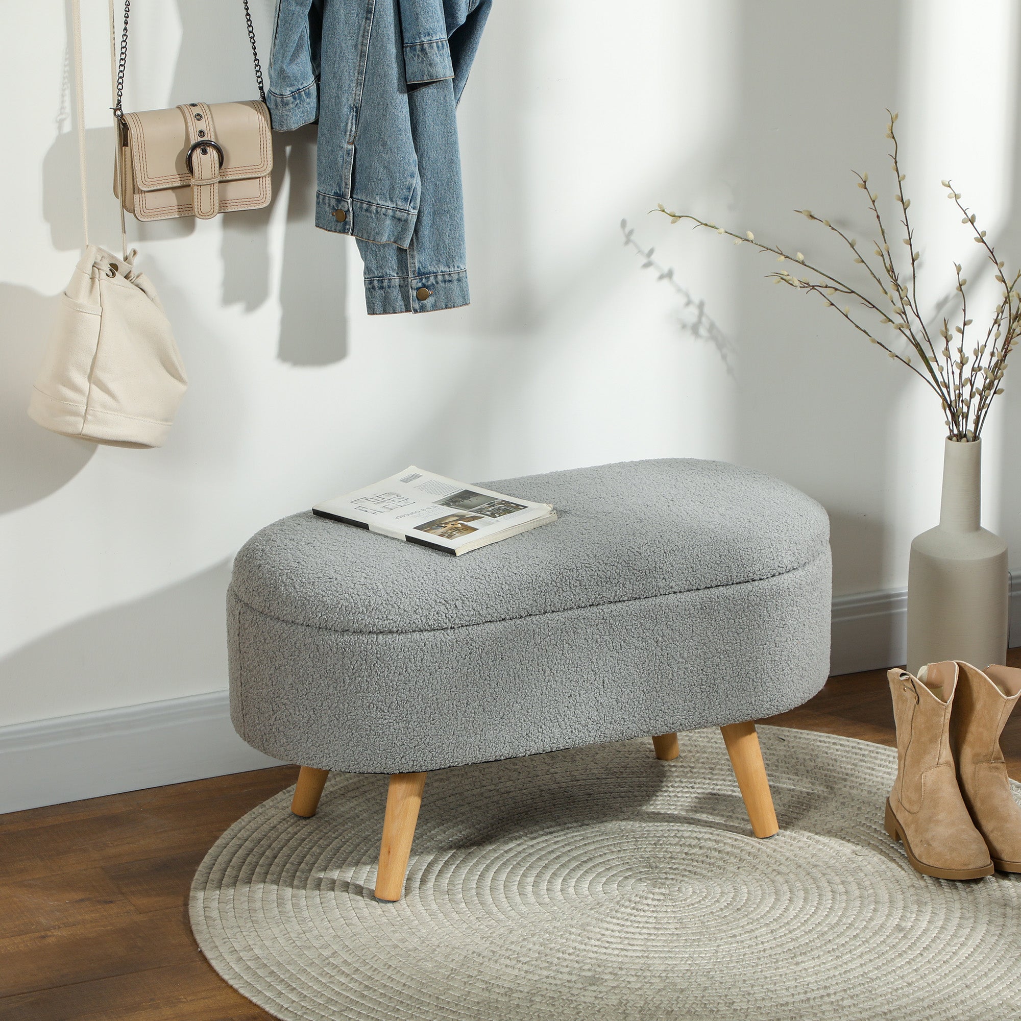 Teddy Fleece Storage Ottoman with Pine Legs - Grey