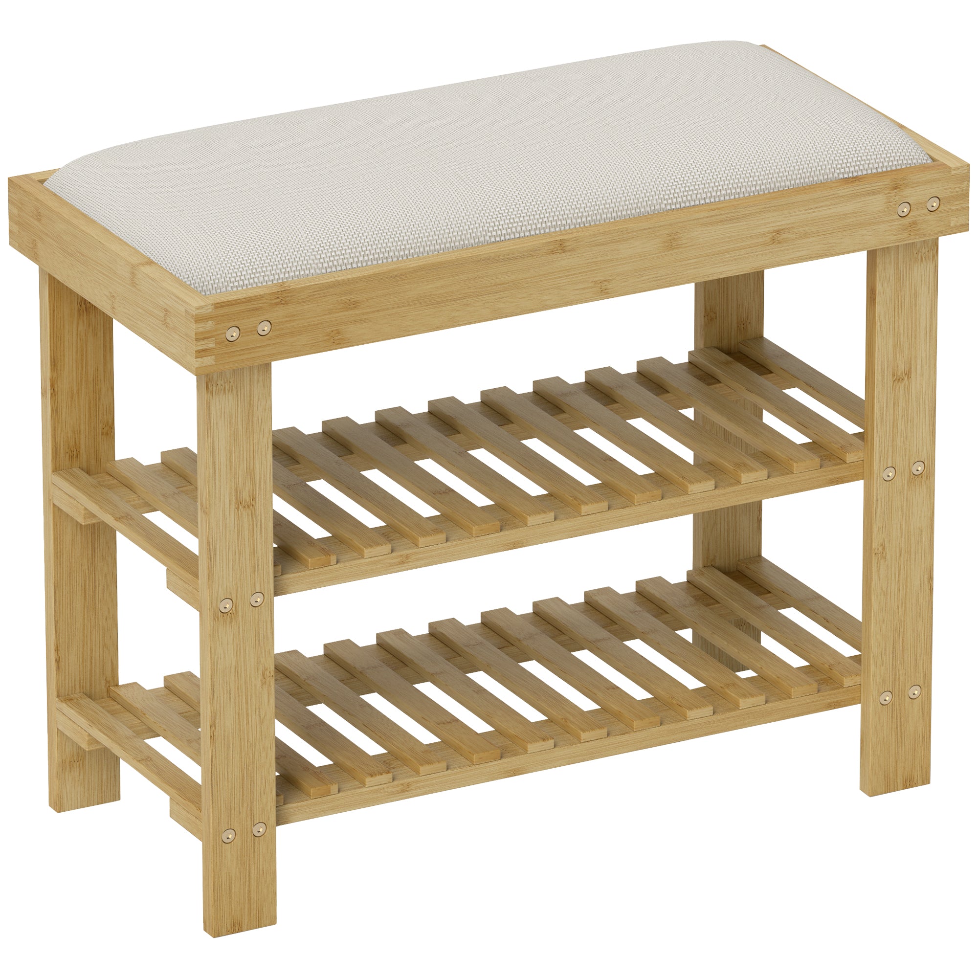 Bamboo Shoe Storage Bench, 3-Tier Shoe Bench with Seat Cushion, Shoe Rack for Entryway, Hallway, Living Room, Bedroom, Cream White