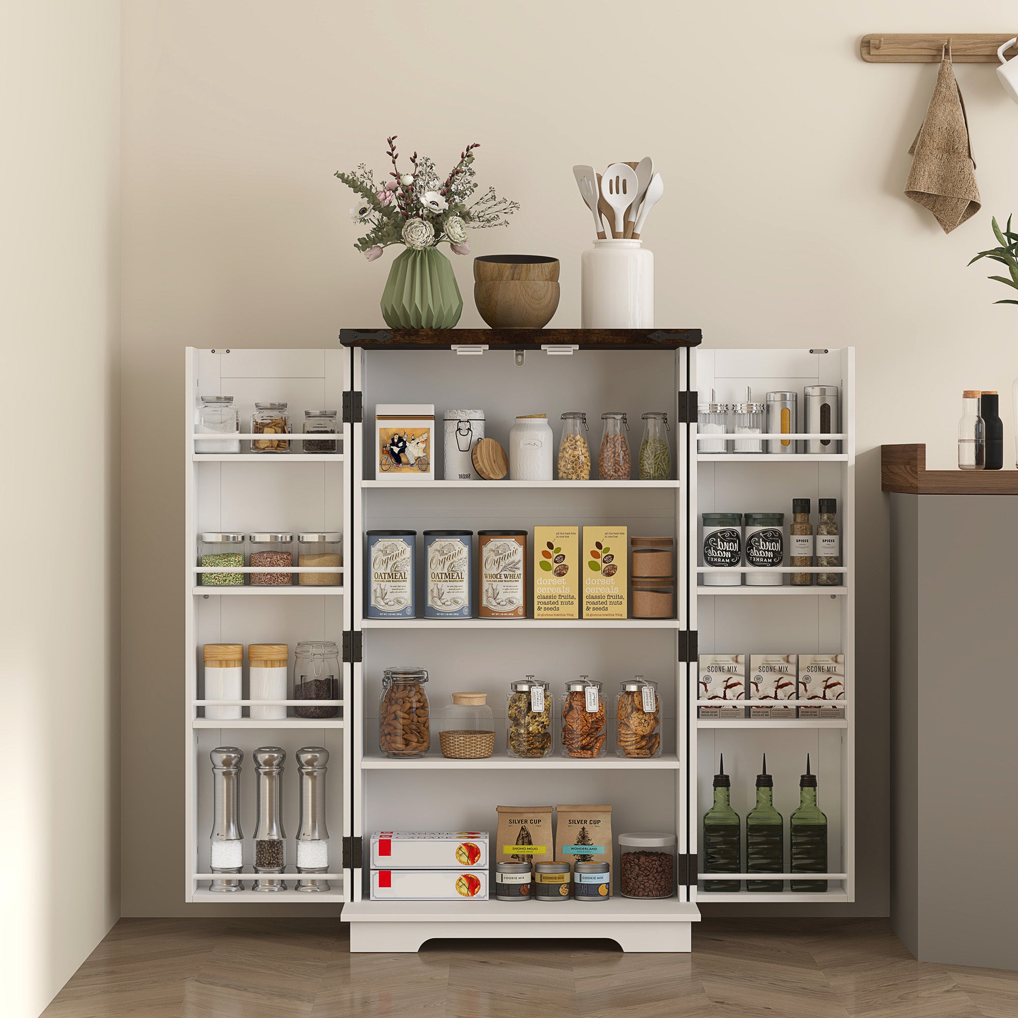Multi-Storage Farmhouse Style Kitchen Cabinet with Shelves - White
