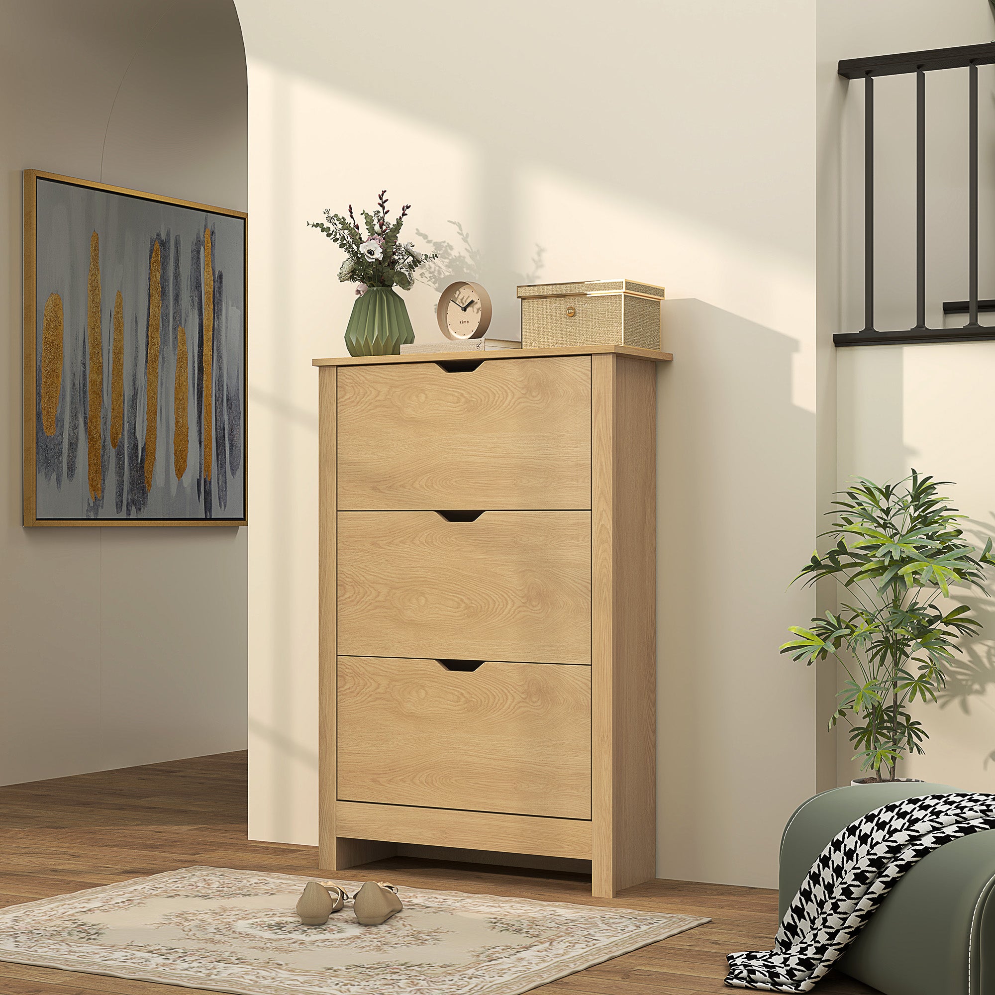 Slim Shoe Cabinet, Narrow Shoe Cupboard with 3 Drawers, Adjustable Shelves for 18 Pairs of Shoes, Natural Wood Finish