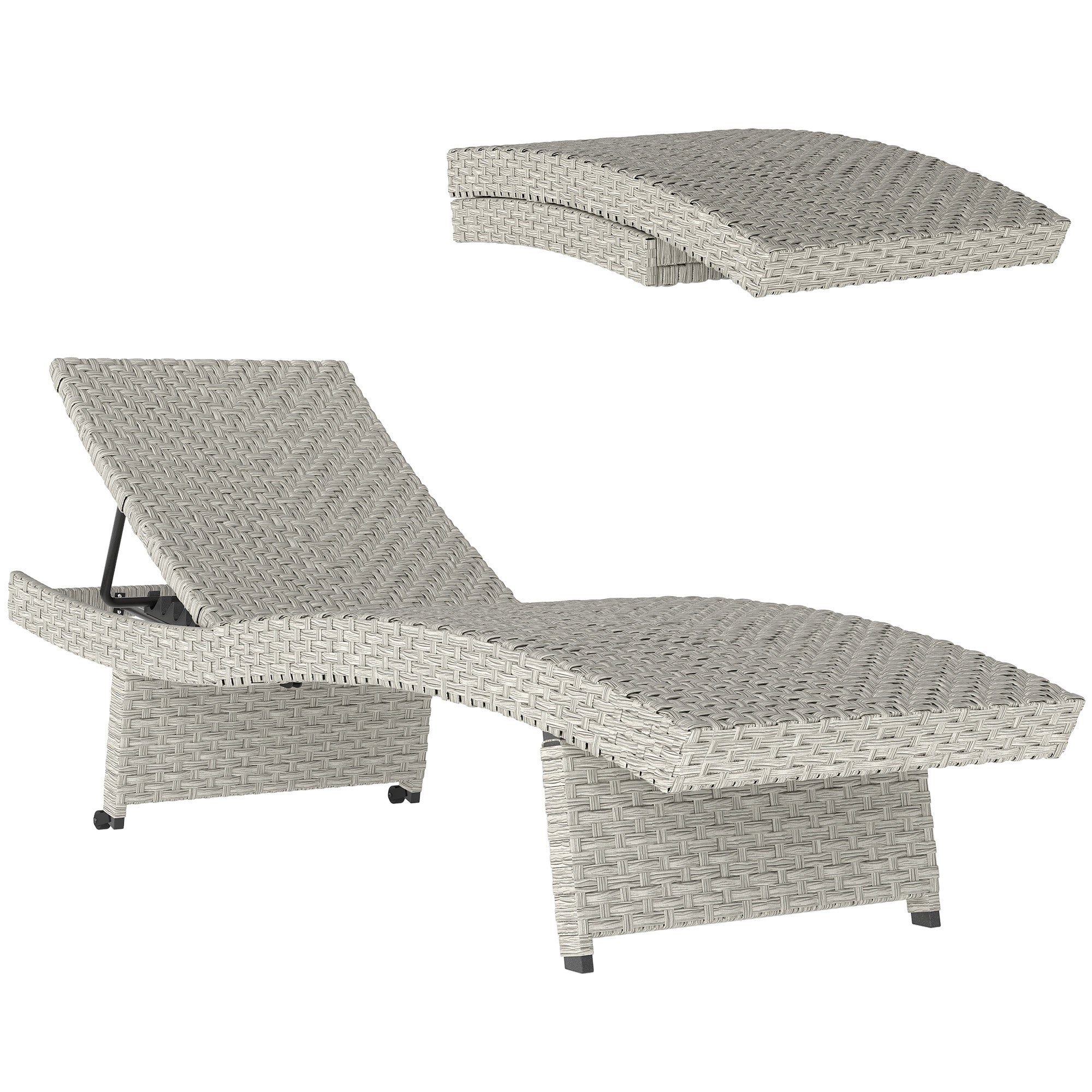 Outdoor PE Rattan Sun Lounger with Adjustable Backrest and Wheels - Grey