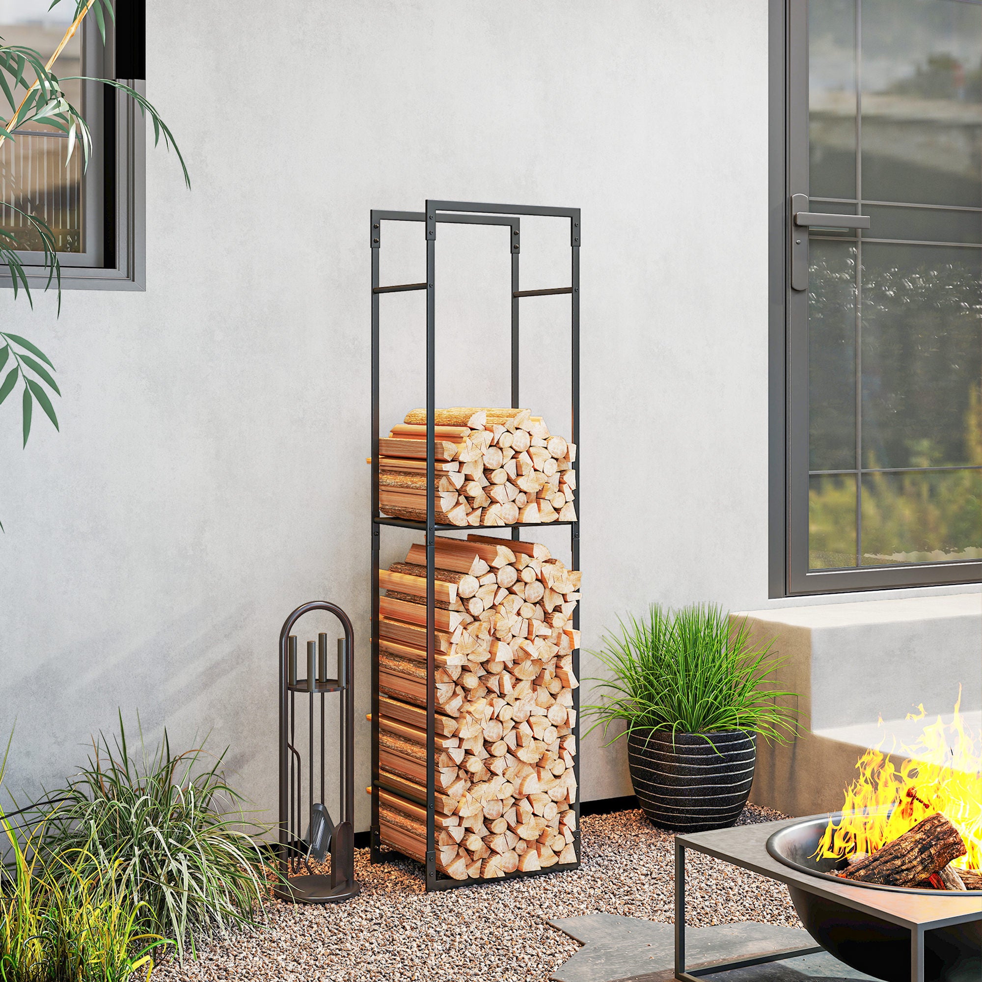 Metal Firewood Log Holder, Heavy Duty Firewood Rack with Adjustable Shelf, Indoor Outdoor Fireplace Wood Storage Shelf, 45 x 31 x 170 cm, Black
