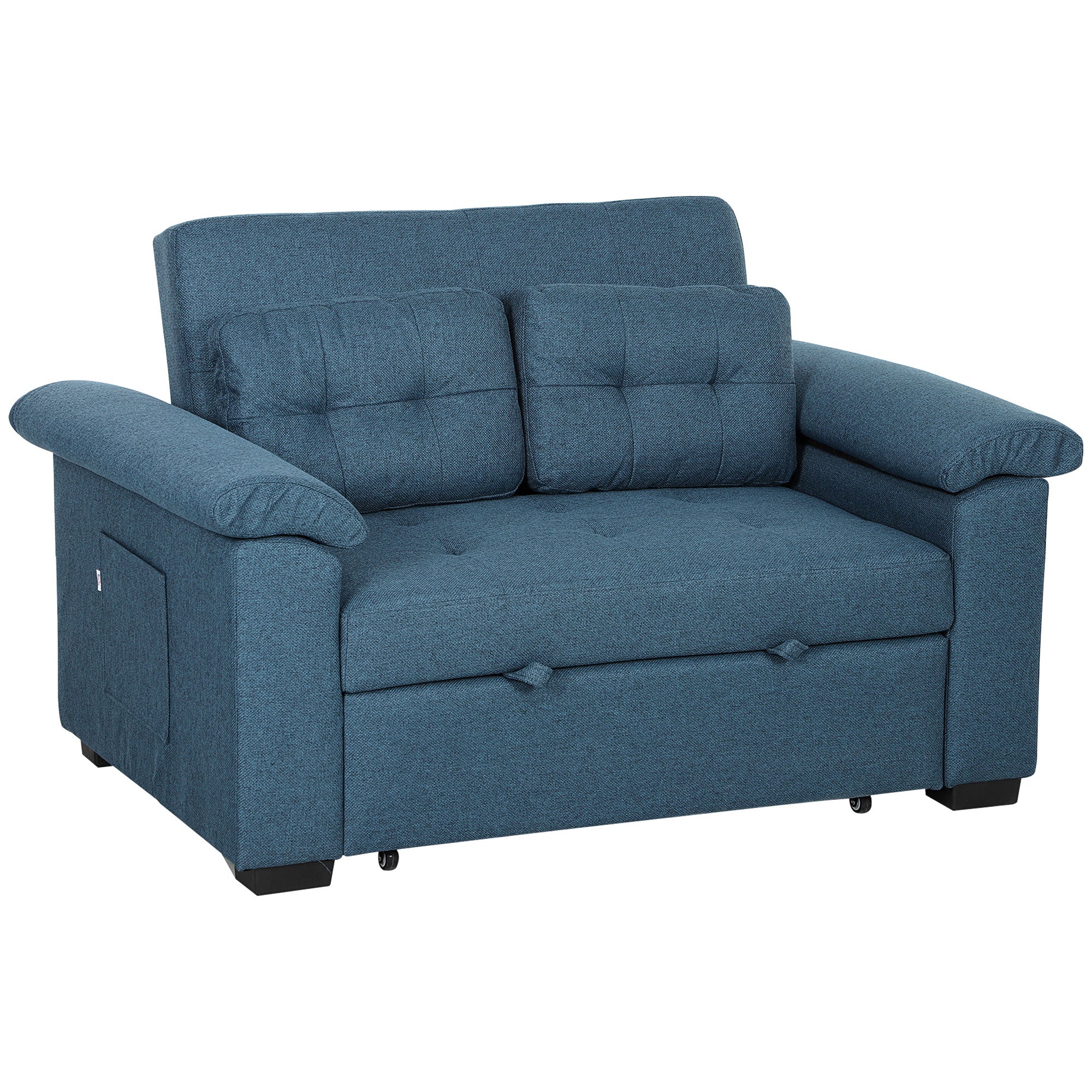Pull Out Sofa Bed with 2 Pocket Springs, Fabric 2 Seater Click Clack Sofa Bed Settee, Convertible Sofa Couch with Pillows and Side Pockets for Living Room, Home Office, Blue