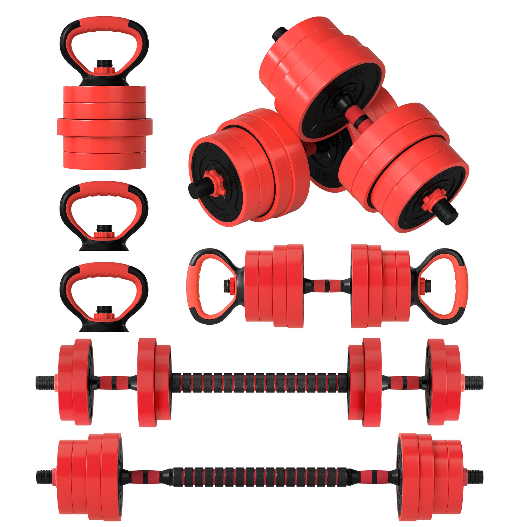 30kg Four-In-One Adjustable Weight Dumbbells Set, Barbell, Kettlebell, Push Up Stand - Red
