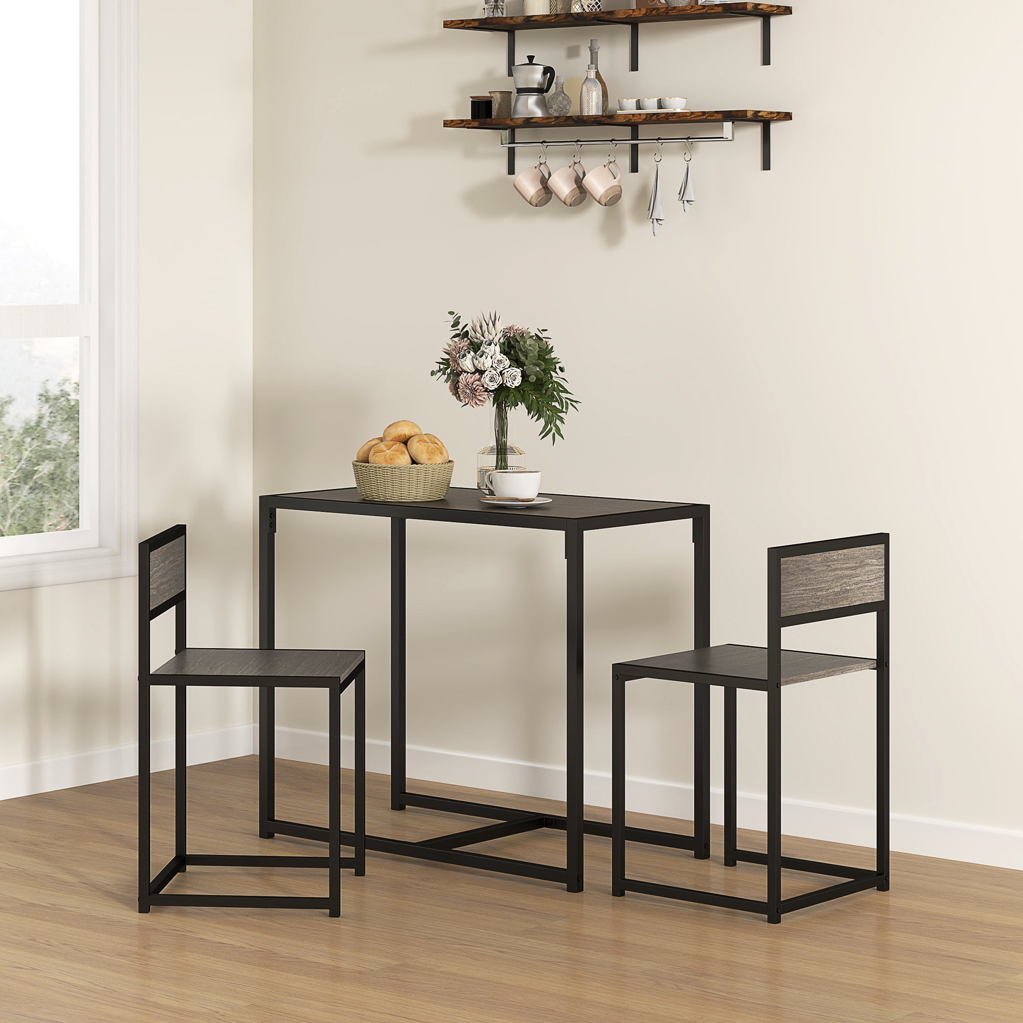 Dining Table and Chairs Set 2, Dining Room Sets, Rectangular Space Saving Table and 2 Chairs for Compact Kitchens, Steel Frame, Grey Wood-Effect