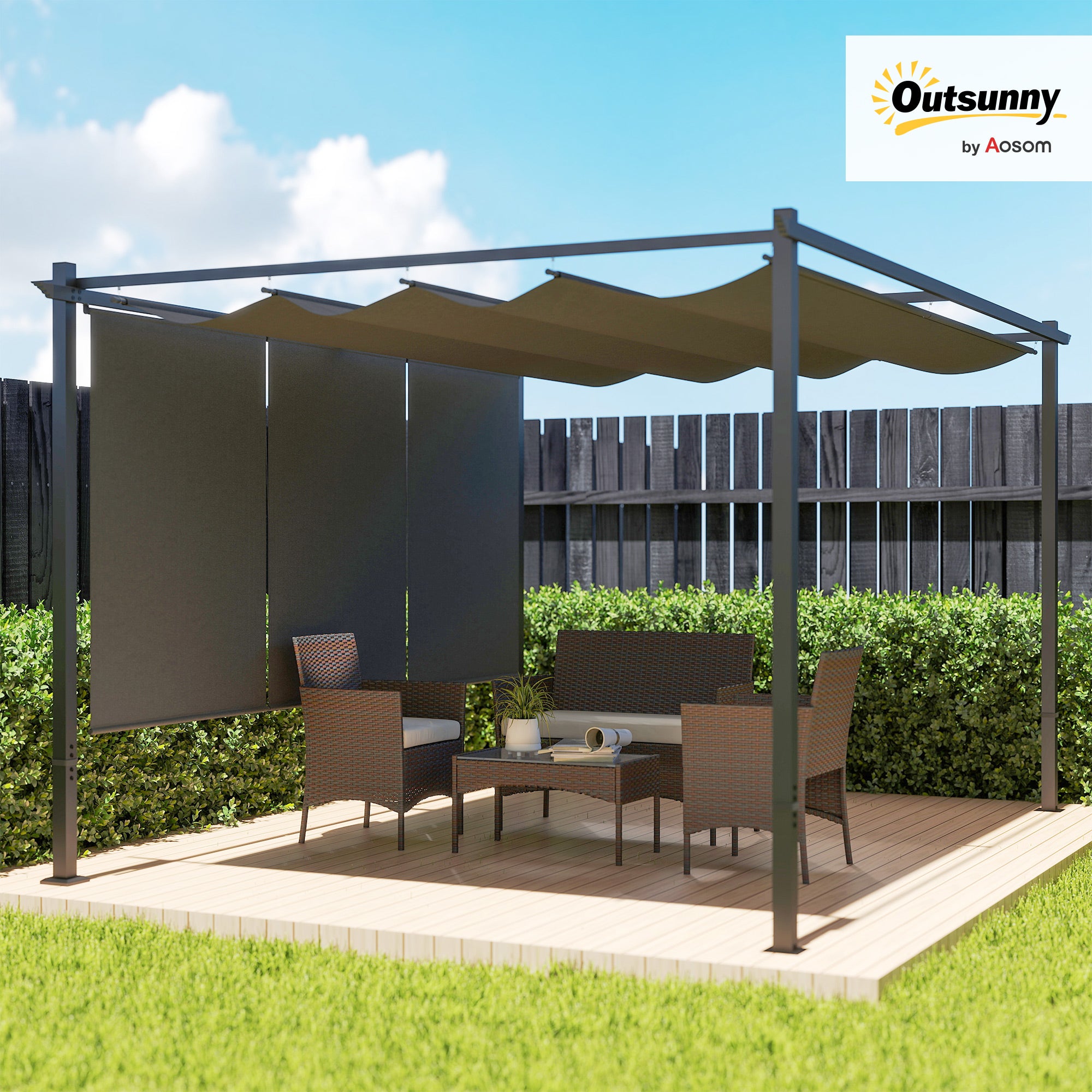 3 x 4m Metal Pergola Kit with Retractable Roof and UPF30+ Shade - Grey