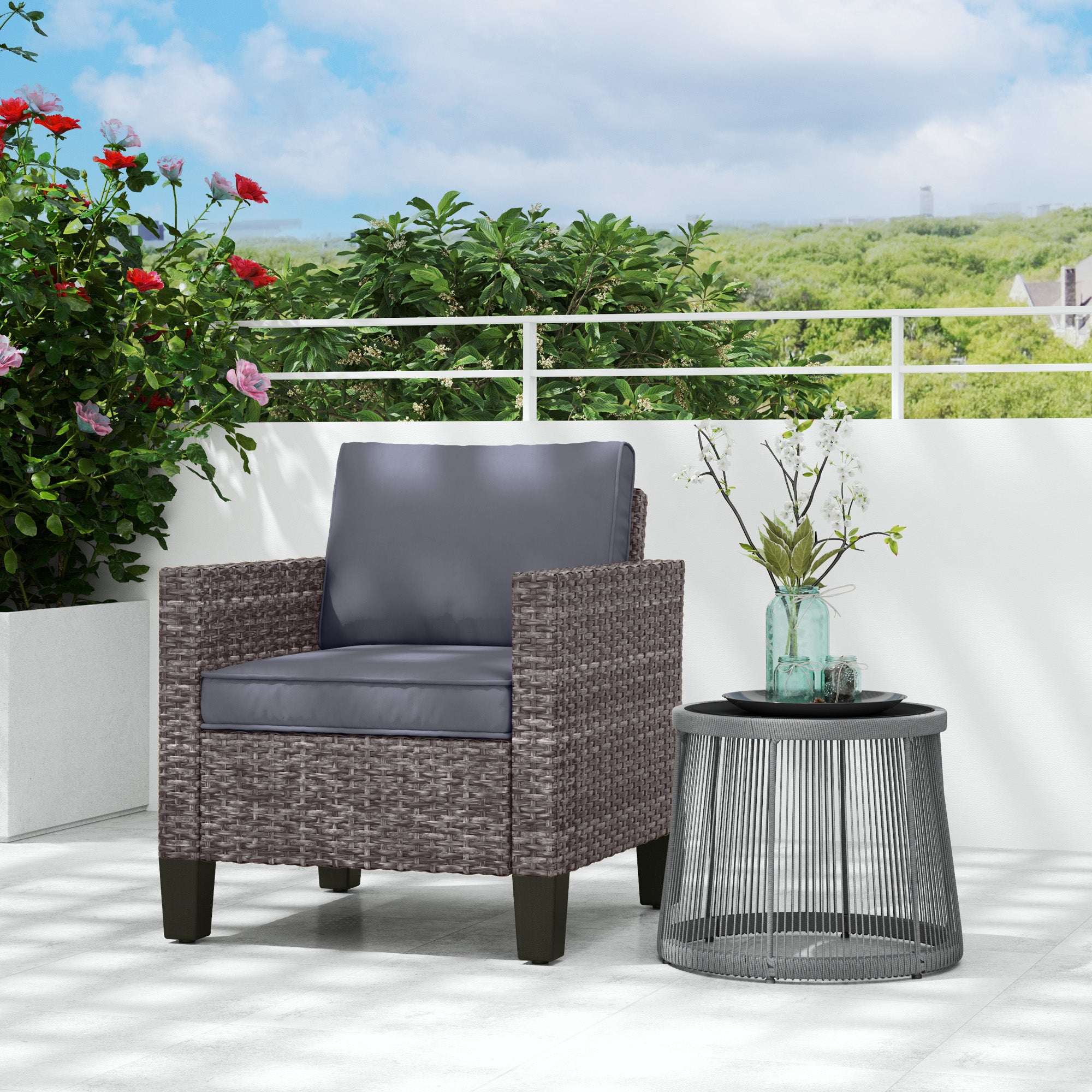 Single Rattan Armchair with Removable Cushions - Mixed Grey