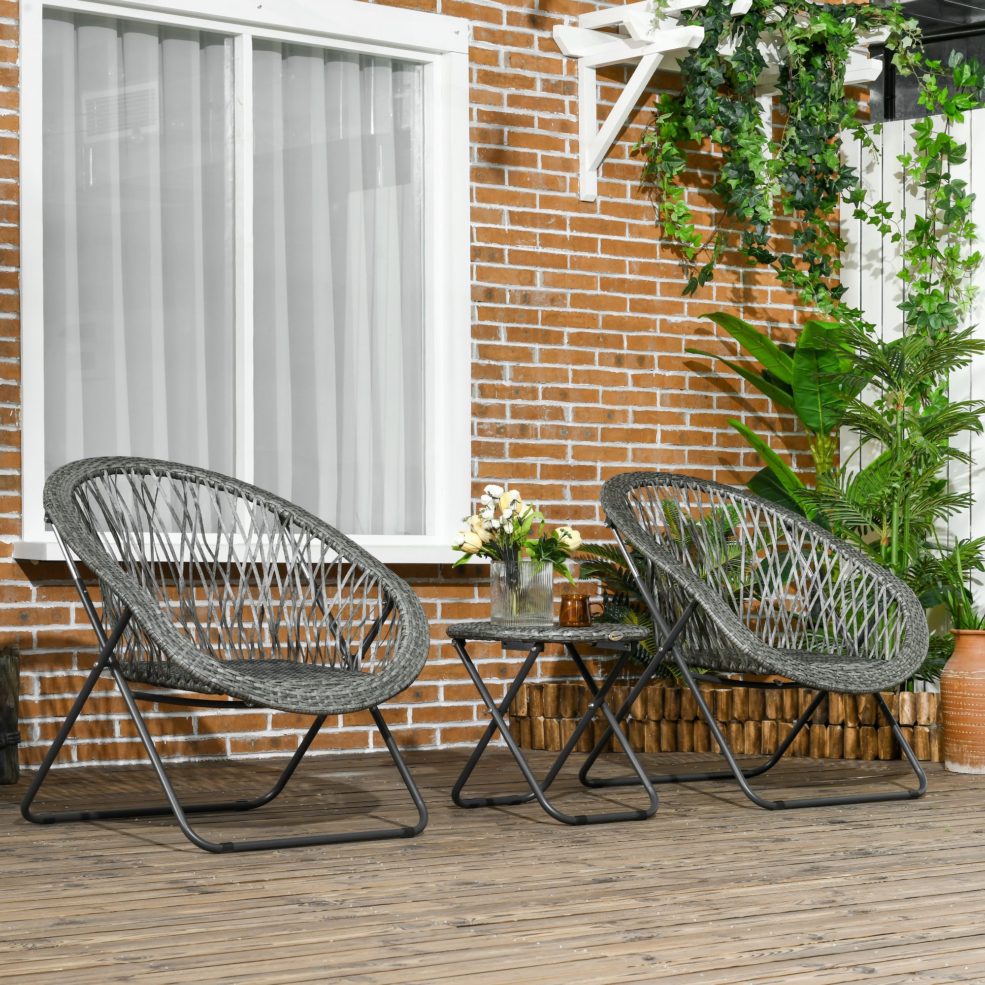 3 Pieces Rattan Bistro Set, Wicker Folding Garden Furniture Set with Round Coffee Table and Chairs for Outdoor, Patio, Balcony, Grey