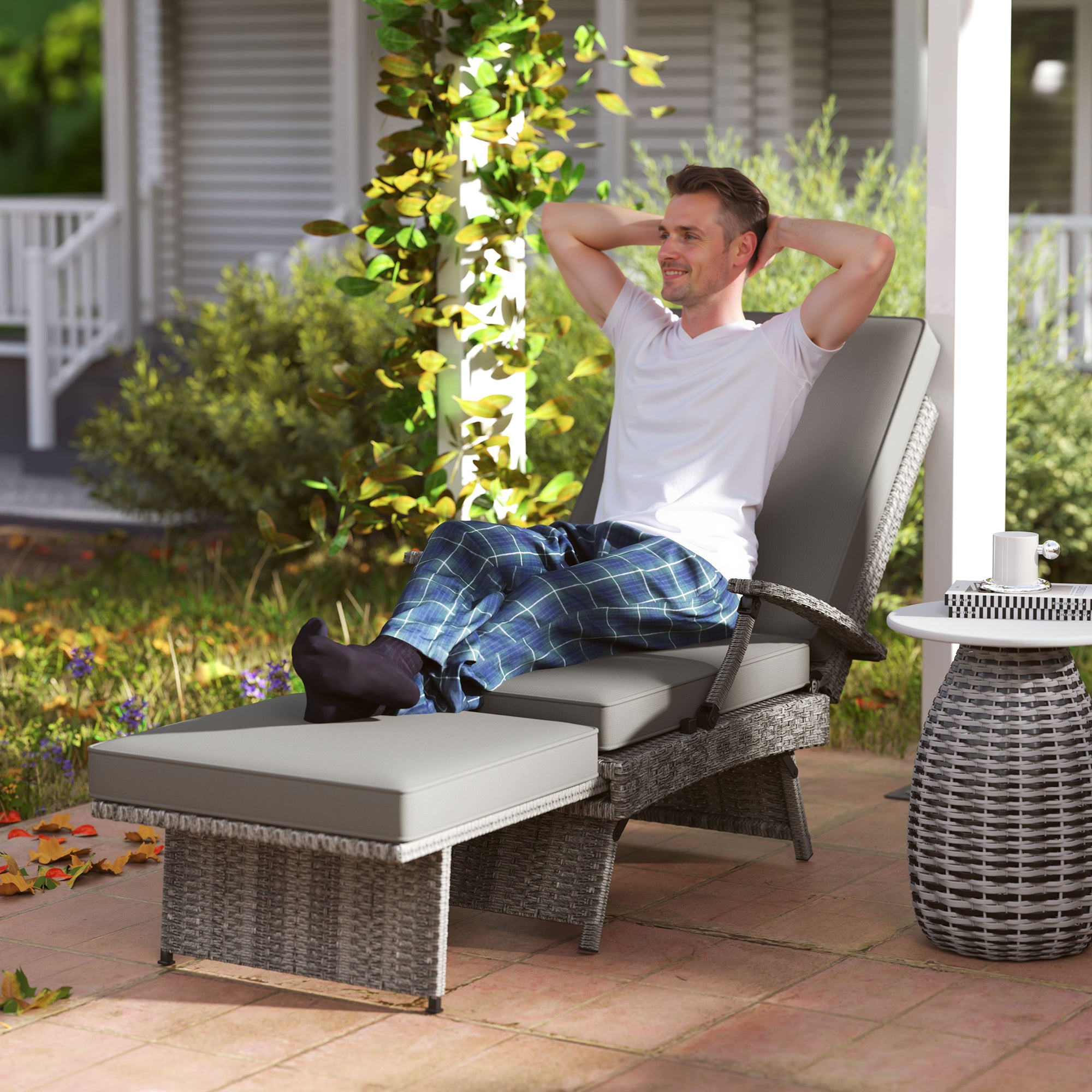 80° Reclining Rattan Lounger with Footstool and Cushions - Grey