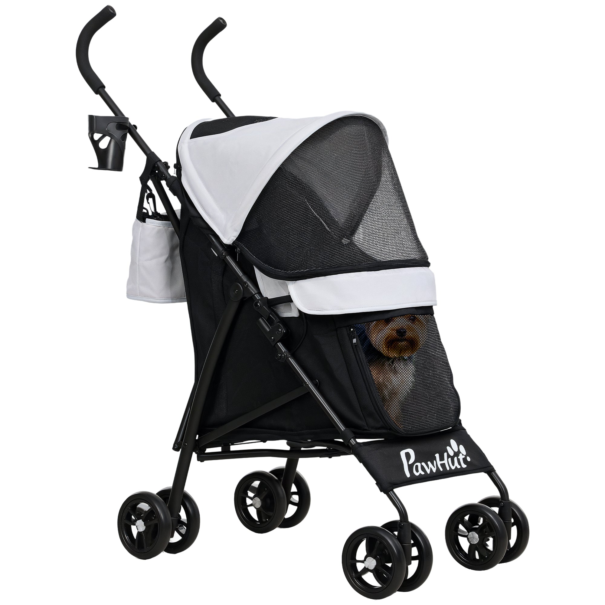 Umbrella Structure Dog Stroller, Lightweight & Portable Dog Pram w/ Shoulder Strap, Storage Bag & Cup Holder, Light Grey