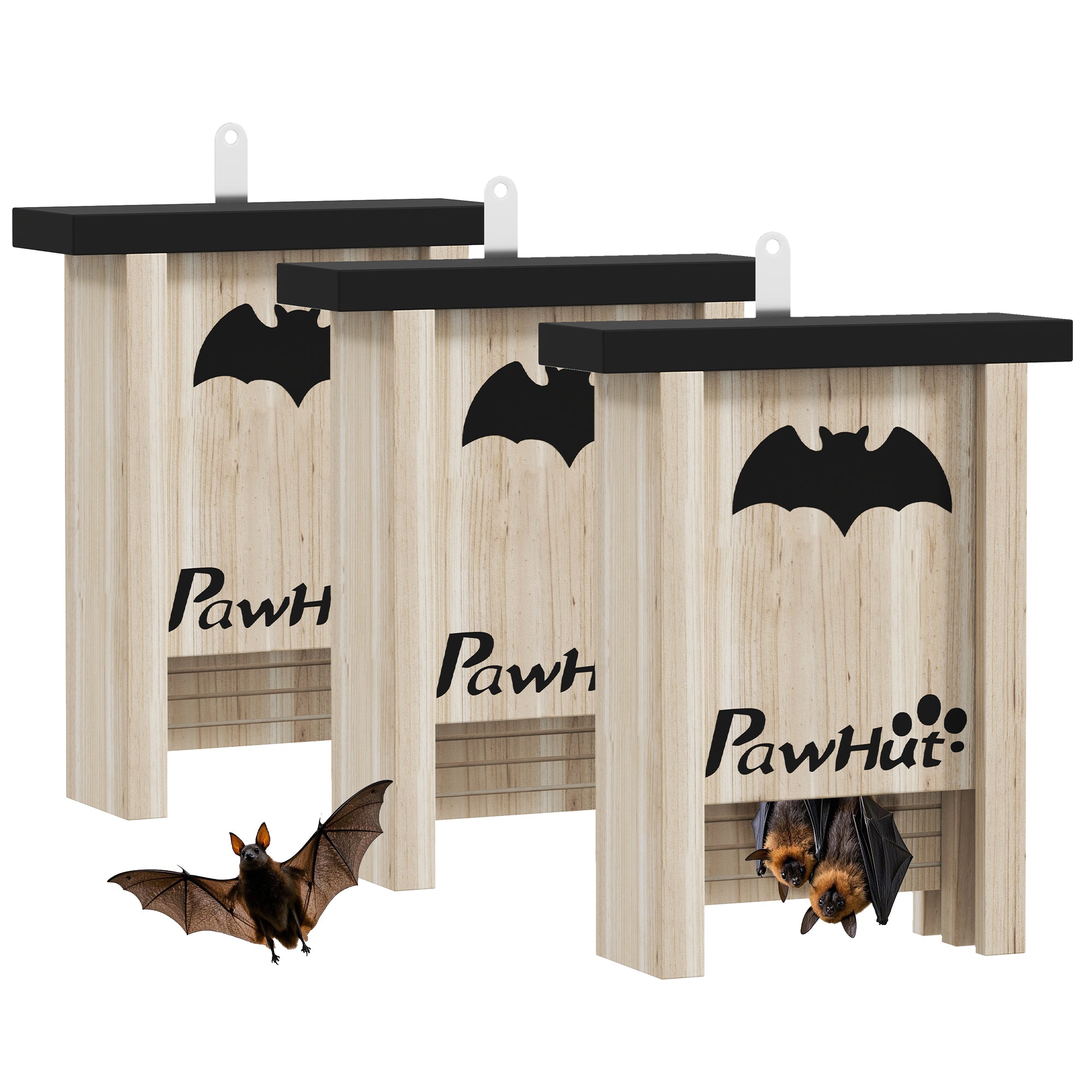 3PCs Wooden Bat Boxes, Bat Houses Designed to Attract Bats & Easy to Hang for Outdoor, Garden, Farm, 18 x 6 x 22.5 cm