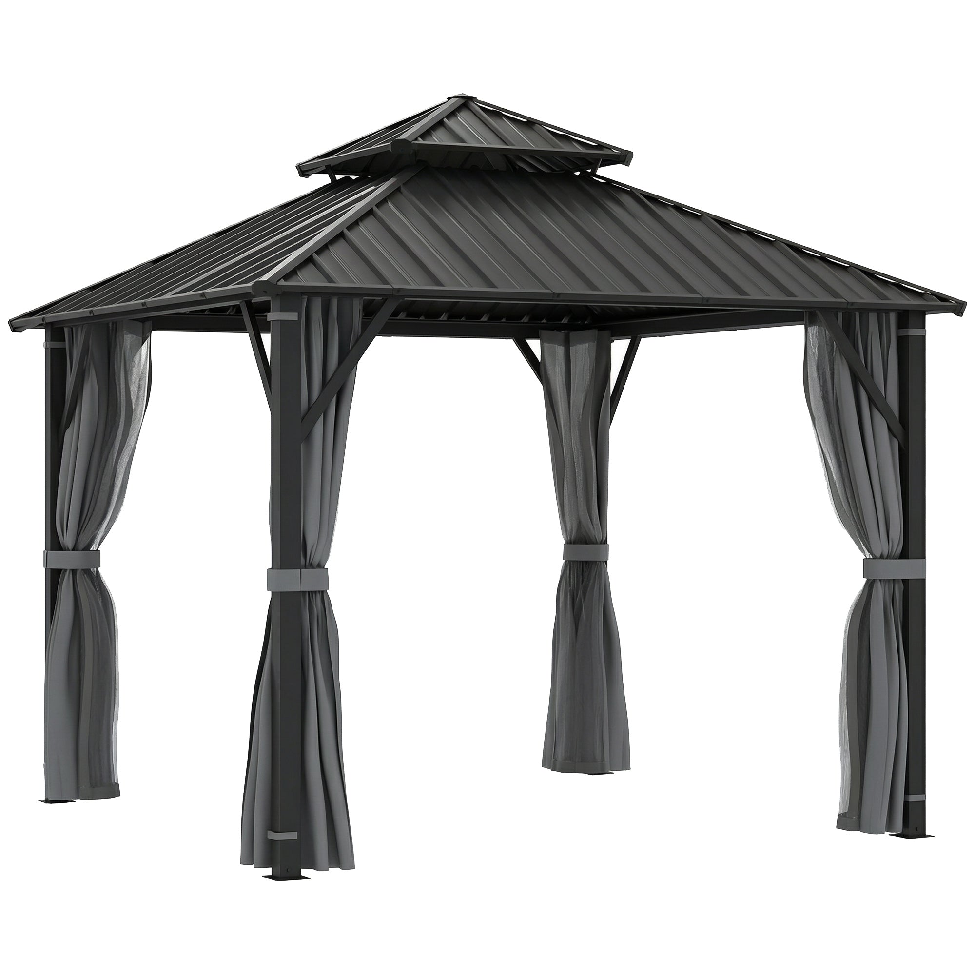 3 x 3(m) Hardtop Gazebo Canopy with Metal Roof, Waterproof Permanent Pavilion Garden Gazebo with Netting, Curtains, Grey
