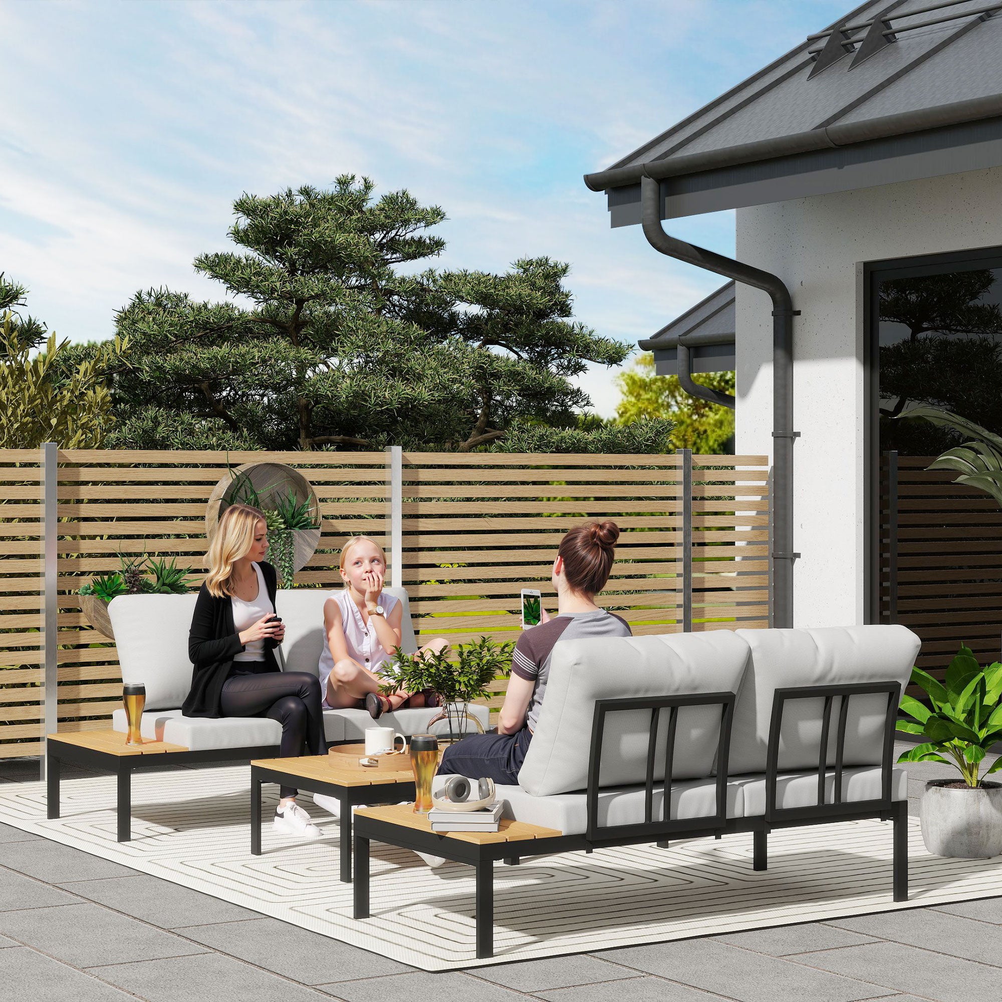 Four-Piece Garden Corner Sofa Set with 2 Loveseats & 2 Coffee Tables - Teak