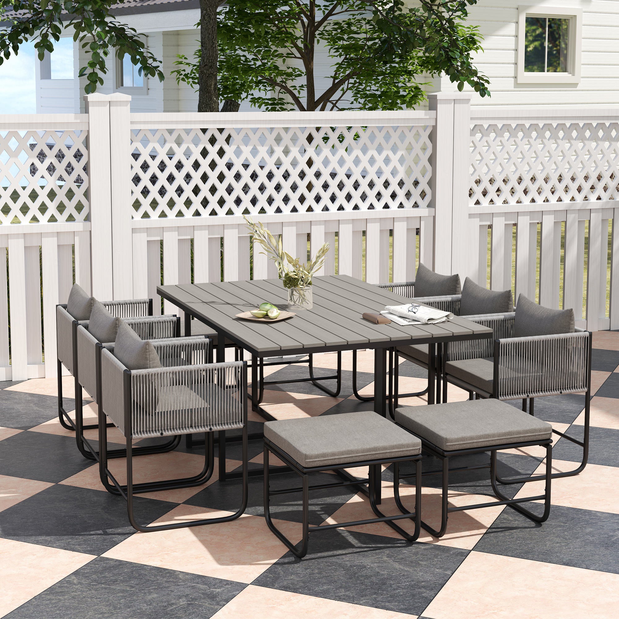 10 Seater Rattan Cube Garden Dining Set with Cushions, 6 Armchairs & 4 Stools, Rectangular Wood Grain Table - Grey