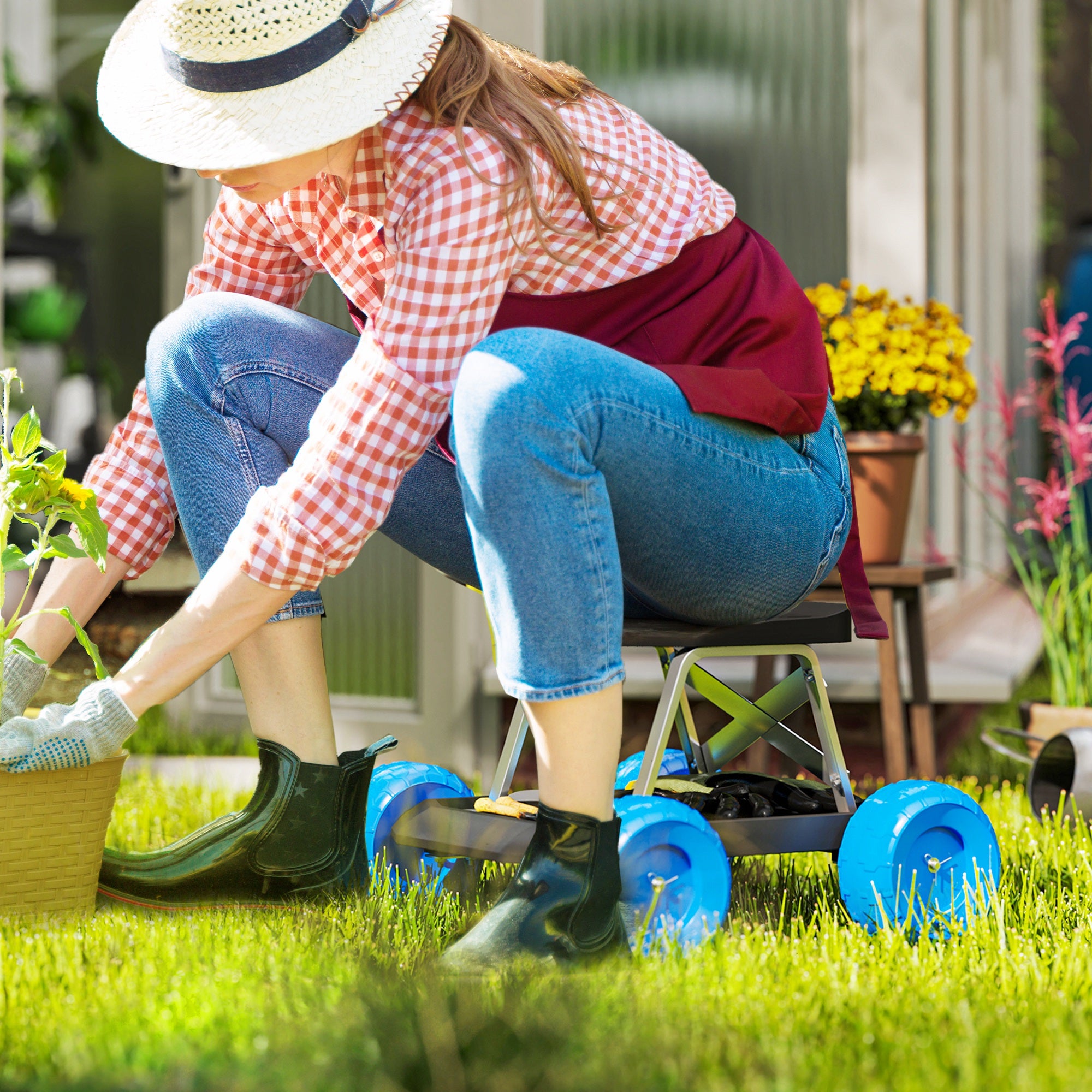 Garden Cart with Wheels, Garden Stool Trolley with Tool Tray, Rolling Garden Seat for Weeding, Planting, Blue