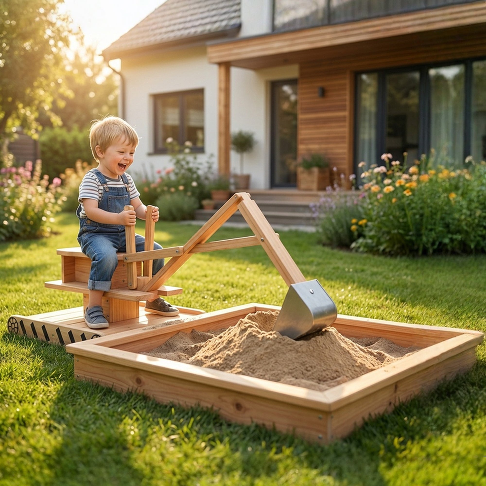 Wooden Sand Pit with Digger, Kids Sandbox Outdoor, SandPit with 360 Swivel Seat and Bottom Liner