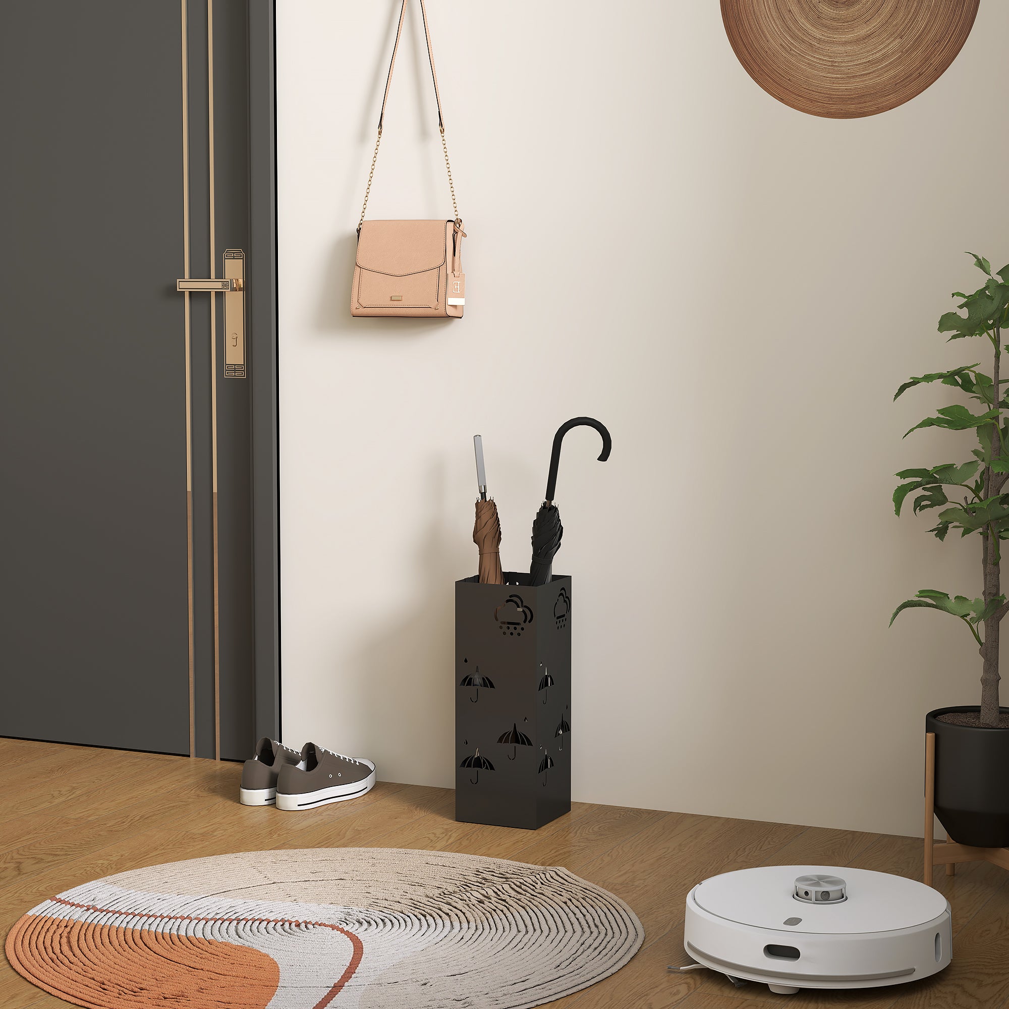 Metal Umbrella Stand, Square Umbrella Holder with Removable Drip Tray and 4 Hooks, Decorative Umbrella Storage Rack for Hallway, Entryway, 15.5 x 15.5 x 41 cm, Black